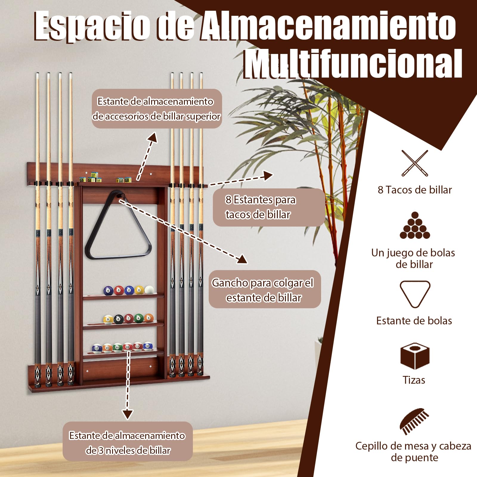 GOPLUS Soporte para Tacos de Billar de Madera de Pino, Soporte para 8 Tacos, 15 Bolas de Billar y Accesorios de Billar, Taquera Billar para Sala de Billar, Bar, Club, Montaje en Pared (Marrón)