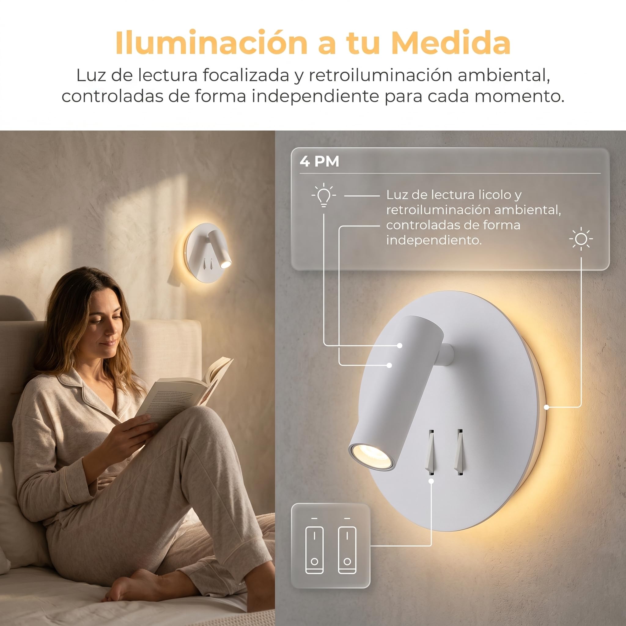BARCELONA LED Applique Murale LED QUART pour Lecture 3W+6W, Lampe Tête de Lit avec Spot Orientable et Éclairage Ambiant Indirect, 3000K Blanc Chaud, Interrupteurs Indépendants, Chambre Hôtel