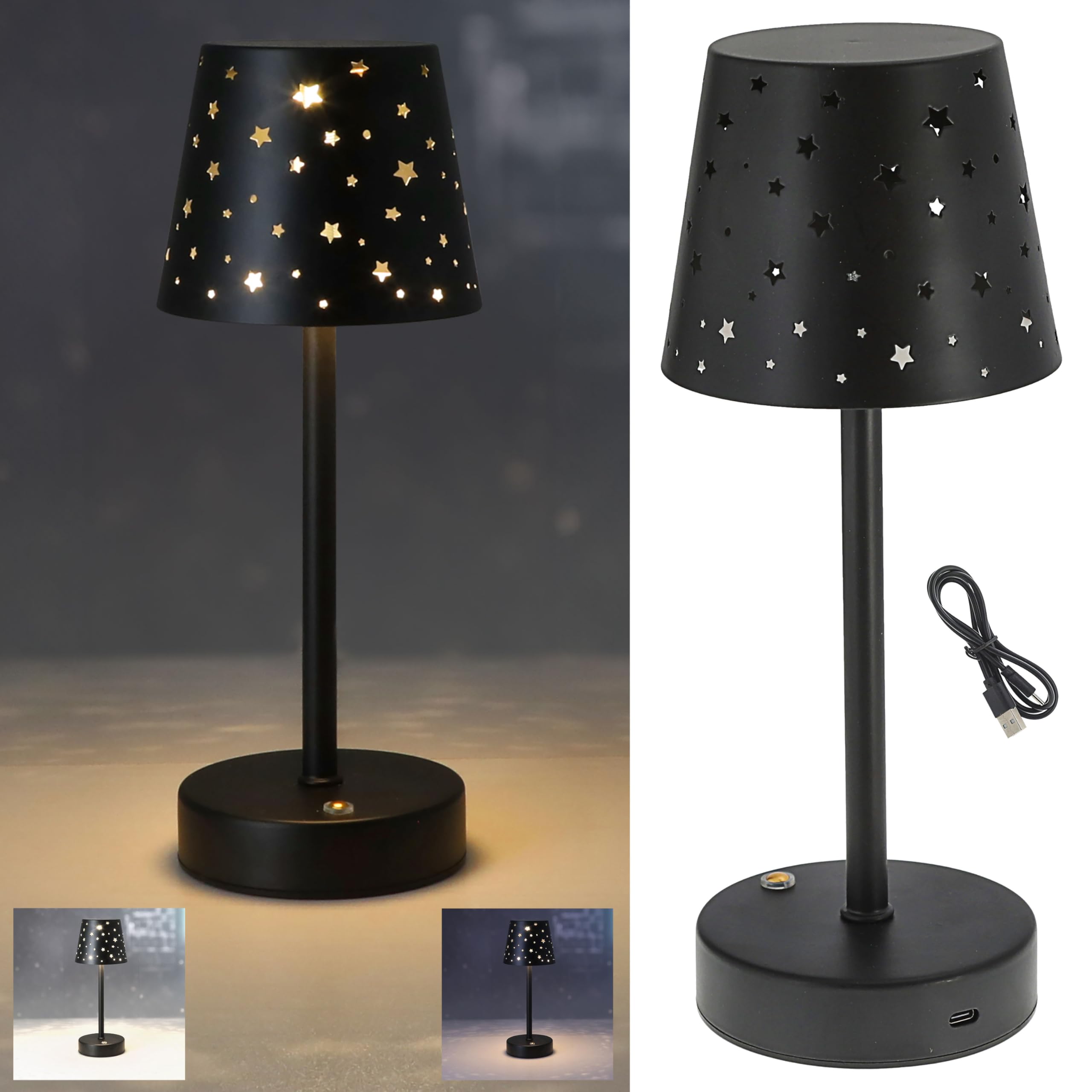 Cepewa Table Lamp Stars Die-Cut Touch Function Fully Dimmable 3 White Tones 10 x 28 cm Black 8 LEDs USB-C to USB Charging Cable (1 x Table Lamp Stars)
