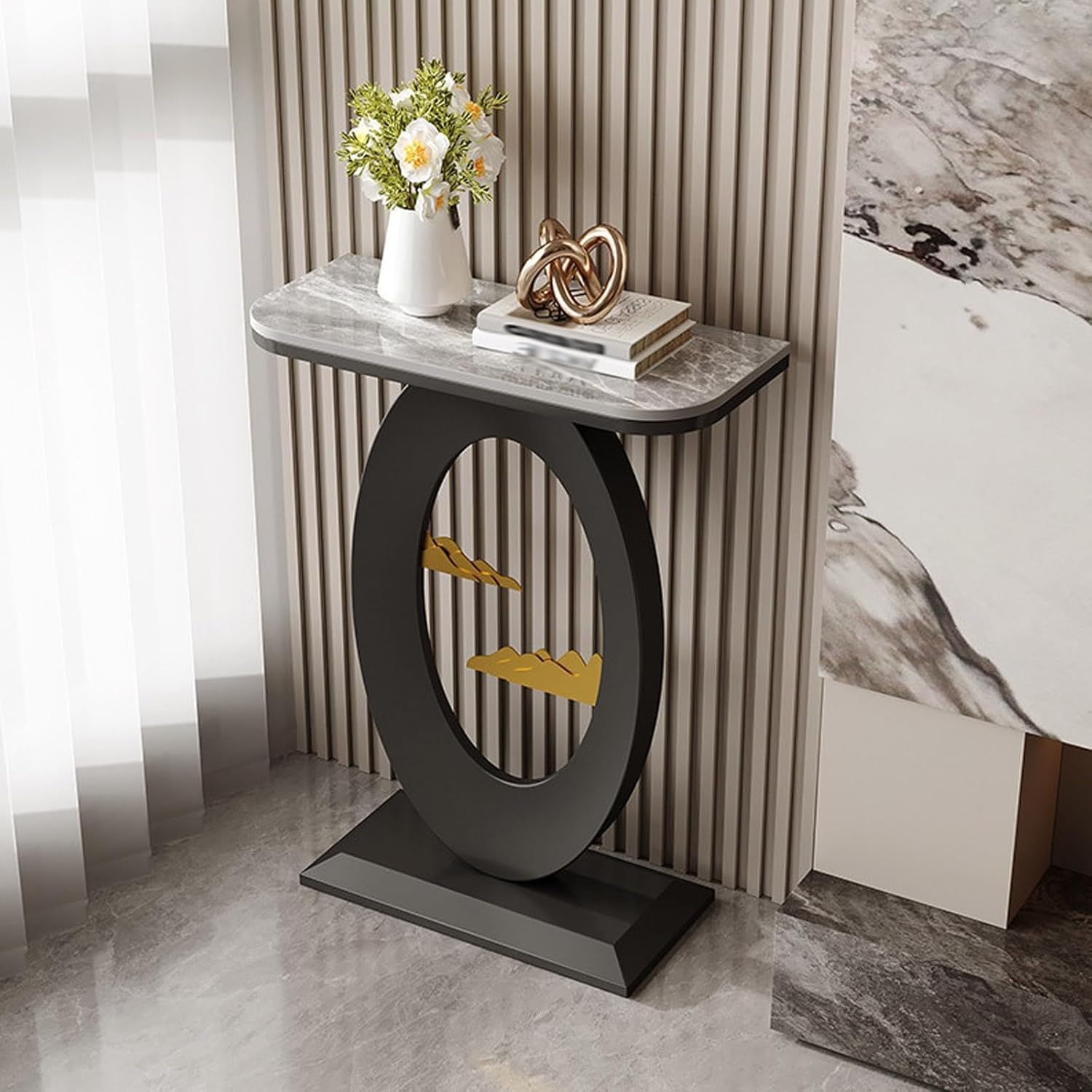 SIONDSTS Modern Marble Console Table with Metal Frame,Slim Entryway Accent Table,Small Narrow Sofa Table,Living Room End Table,for Hallway,Foyer,Entrance,Entryway,Black B,50cm