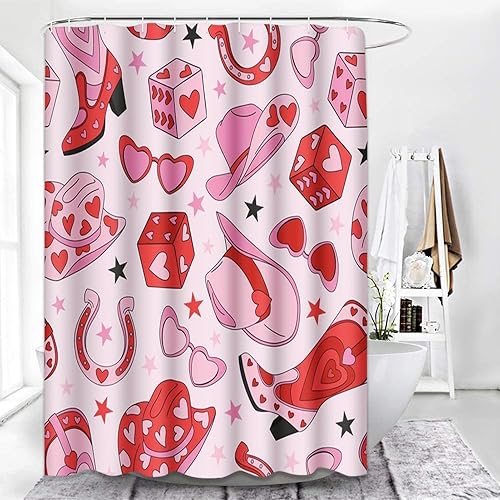 Juego de cortinas de ducha de baño con 12 ganchos, corazón de vaquera rosa de San Valentín, decoración de baño, retro años 60 y 70 S, estética