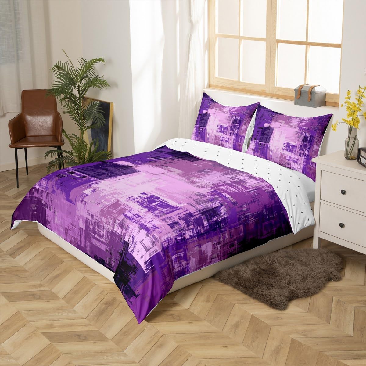jejeloiu Ombre Purple Purple Abstract Duvet Cover Toddler Size Modern Bedding Set for Kids Geometric Comforter Cover Teens Decor Buffalo Check Zipper Closure All Season Breathable Lightweight
