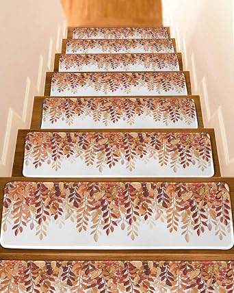 Non Slip Stair Treads for Wooden Steps Autumn Orange Leaves Watercolor Carpet Indoor Stair Runners, Falling Leaves on White Step Tread Rugs Adhesive Staircase Mats for Elders, Pets,8"x30",4Pack