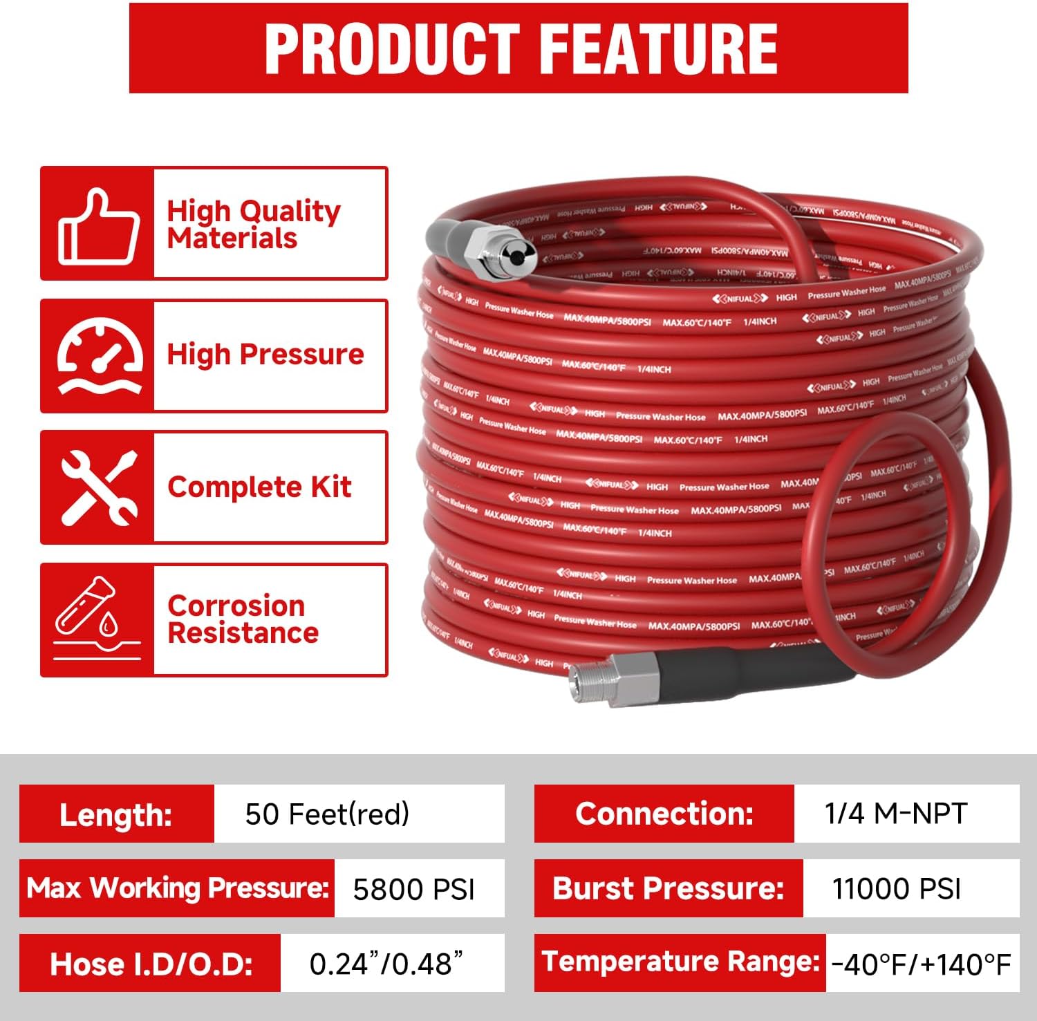 NIFUAL Sewer Jetter Kit for Pressure Washer,50FT 5800PSI Pressure Drain Cleaner 1/4 Inch NPT Corner Rotating and Button Hose Sewer Jetting Nozzle for Homeowners & DIYers (50FT)