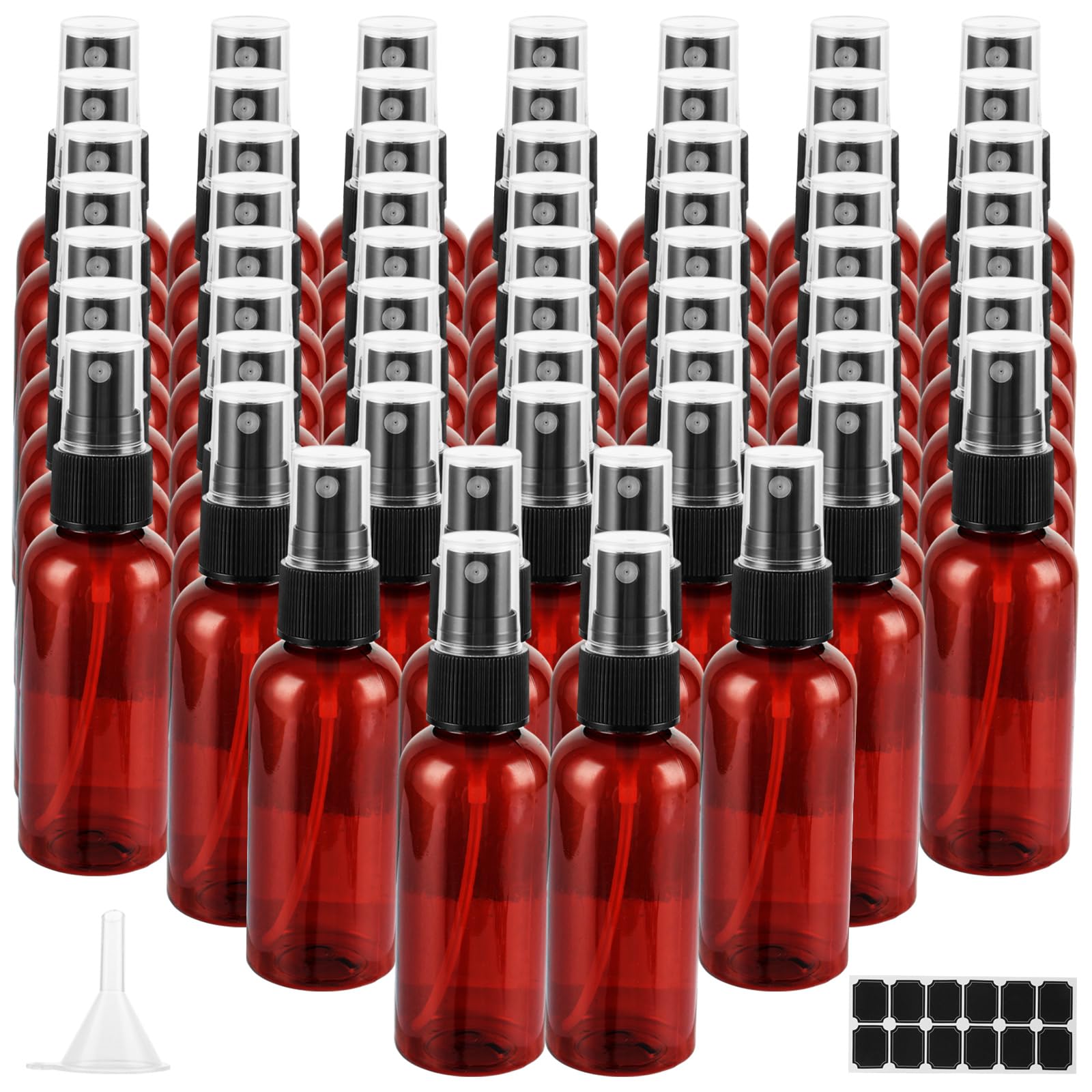 MUXHEL 60 Pcs 2 oz Amber Spray Bottles with Sticker and Funnel, Anti-UV Empty Fine Mist Mini Plastic Spray Bottles, Refillable Small Spray Bottle for