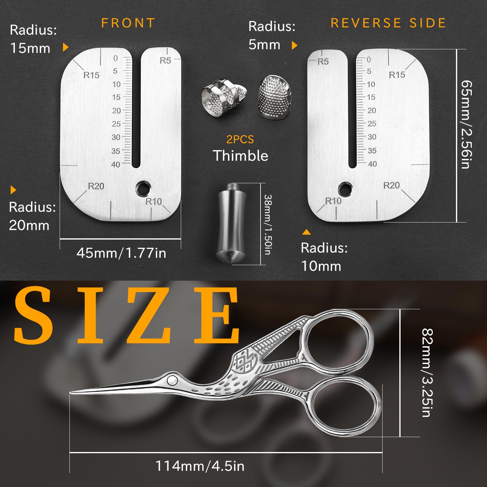 TLKKUE Leather Stitching Punch Aid Plate, Stainless Leather Punch Plate with Sewing Stork Scissor and Thimbles, Leather Punch Aid Plate for Pulling Out Diamond Rimmed Chisels or Nail Irons