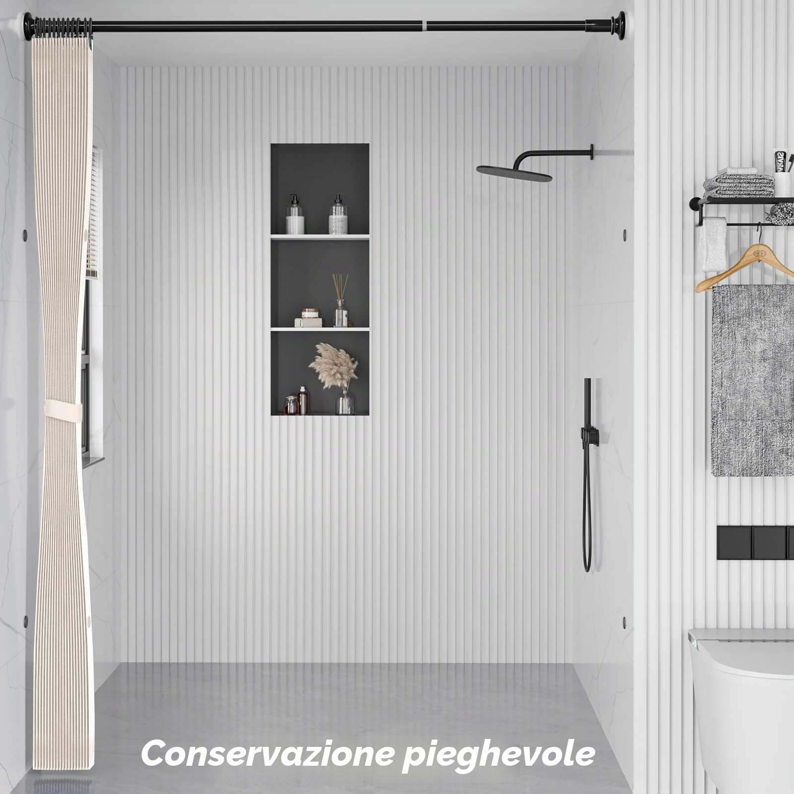 Tenda Doccia Magnetica Pieghevole Resistente, Beige, 180x200cm | Tenda da doccia Antispruzzo Impermeabile Antimuffa in lino con Ganci per il bagno