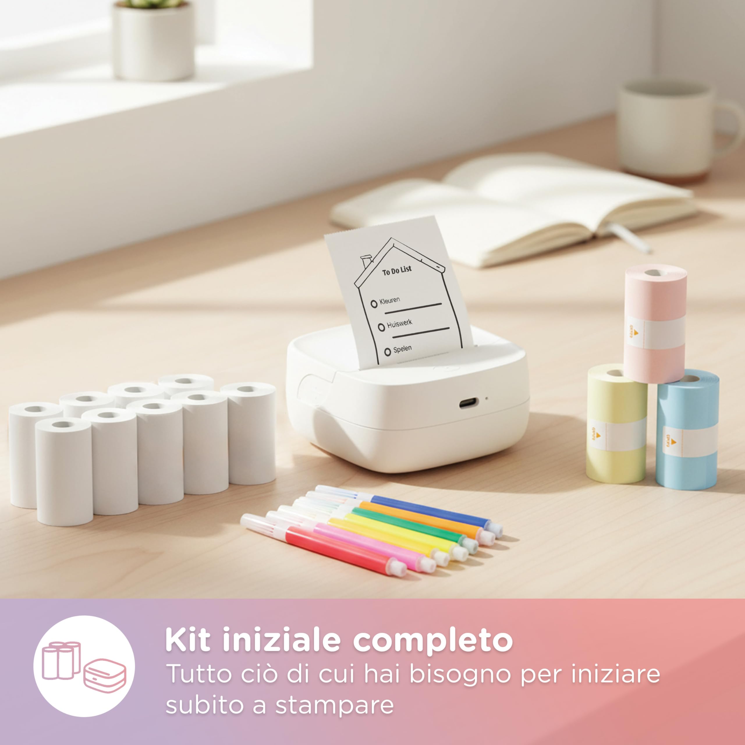 Crafts&Co Mini stampante tascabile | stampante portatile Bluetooth per smartphone adesivi e appunti, stampante termica senza inchiostro, dimensioni 8 x 8 x 3 cm, colore bianco