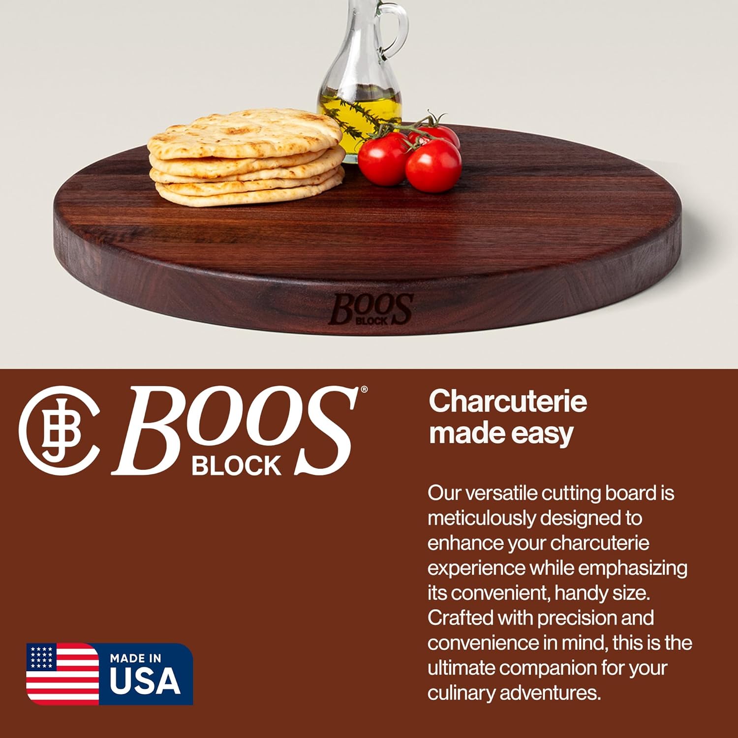 John Boos R-Board Series Round Wooden Walnut Cutting Board 18”x18” – 1.5” Thick, 9.5-lb Reversible Butcher Block with Edge-Grain – Made in the USA