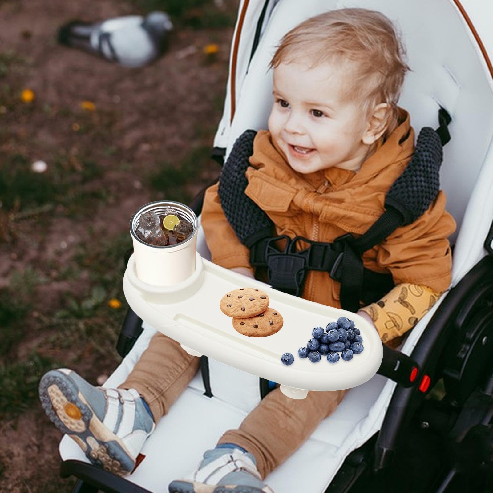 Baby Stroller Snack Tray with Cup Holder, Pram Food Tray, Adjustable Removable Reusable Storage Holder with Buckle and Hooks for Strollers