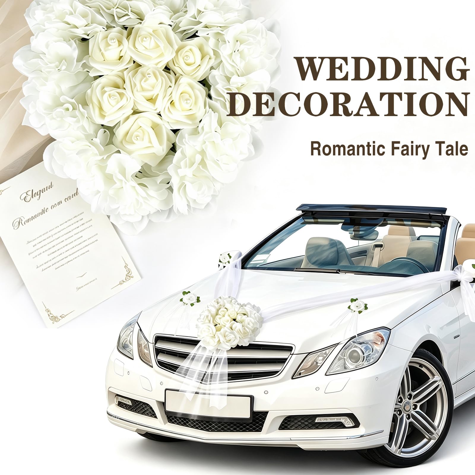 Set di decorazioni per auto per matrimonio, cofano di nozze, fiori artificiali bianchi, set di decorazioni per auto con 1 ghirlanda di cuori, 8 fiori, 2 tulle da 1,8 m, ecc., decorazione per auto per