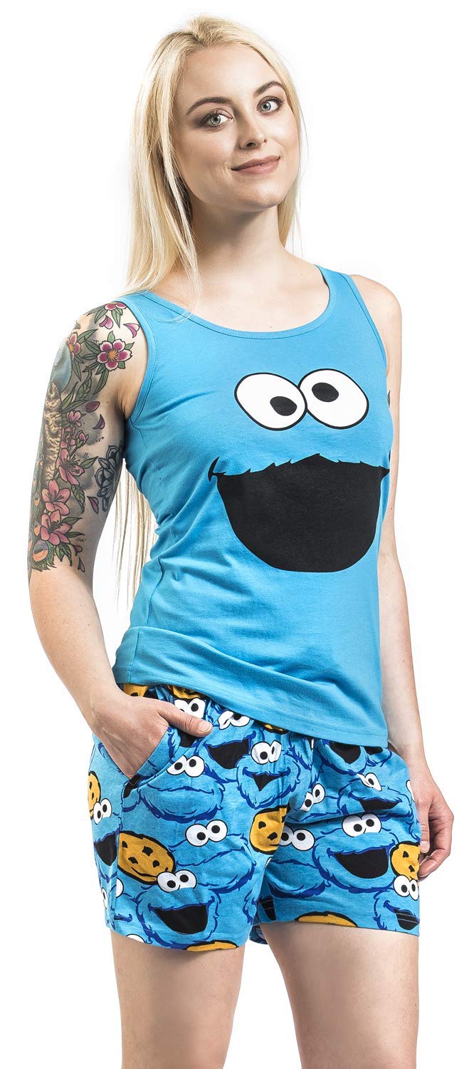 Sesame Street Barrio Sesamo El Monstruo de Las Galletas - Face Mujer Pijama Azul 100% algodón
