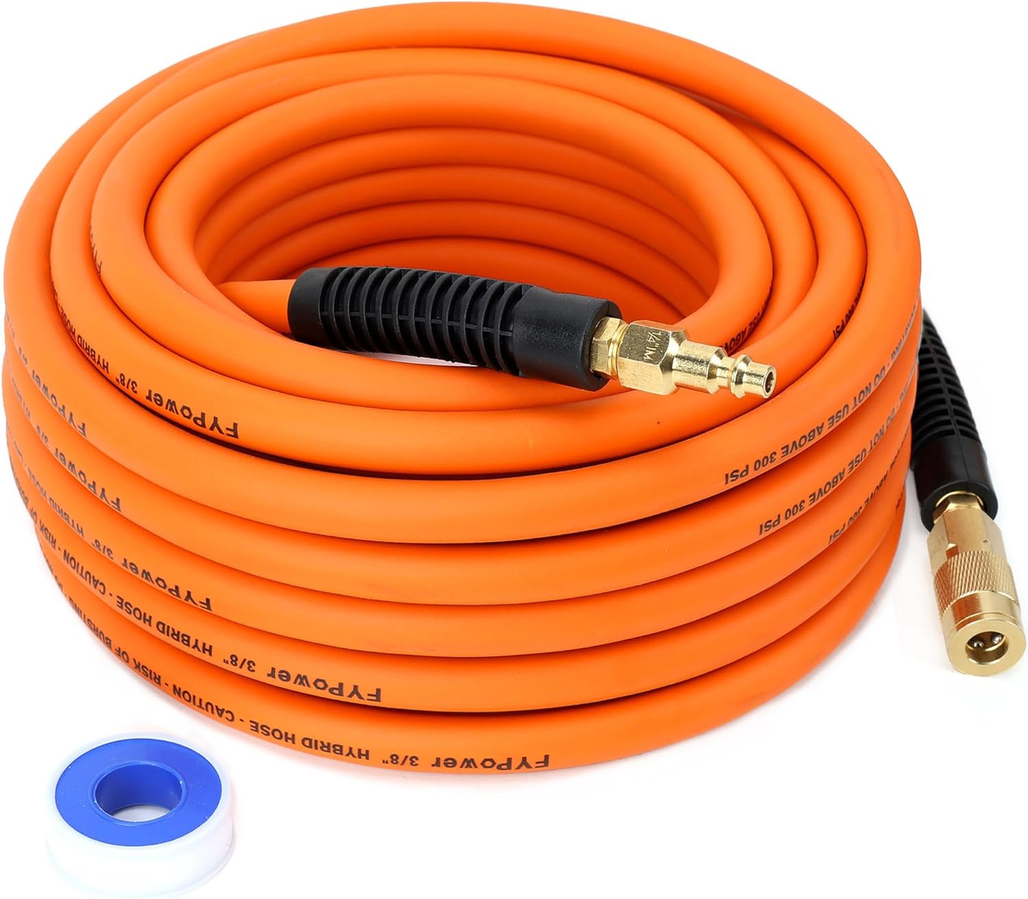 Hybrid Air Compressor Hose 3/8 in x 50 ft, Heavy Duty, Lightweight, Flexible and Kink Resistant Compressor Hose with 1/4" Industrial Brass Fittings, Orange