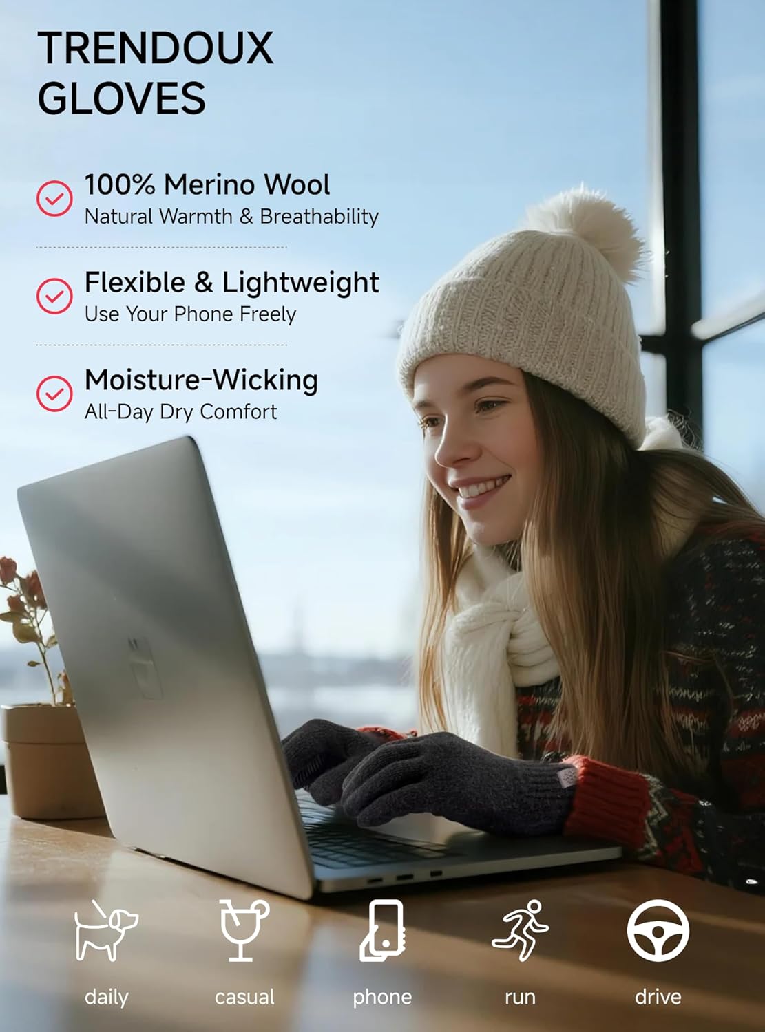 TRENDOUX 100% Merino Wool Gloves for Women Men - Winter Touchscreen Thermal Warm Gloves for Driving Running Texting Gift - Image 7