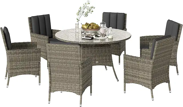 Outsunny 7-Piece Light Grey PE Rattan Outdoor Dining Set with Cushions