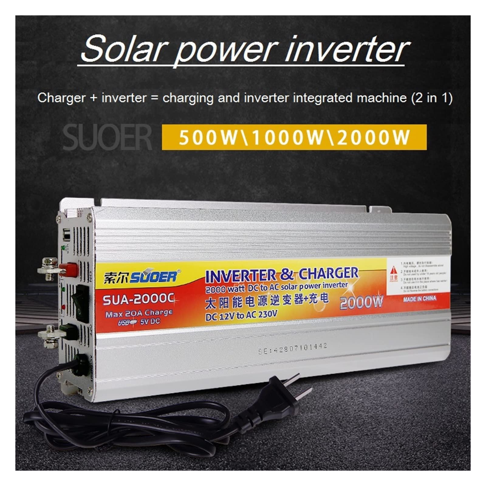 Hybrydowy konwerter napięcia falownika słonecznego 12 V 220 v USB 500 W 2000 W konwerter napięcia ładowarki solarnej konwerter napięcia konwertera samochodowego (2000 W 12 V)