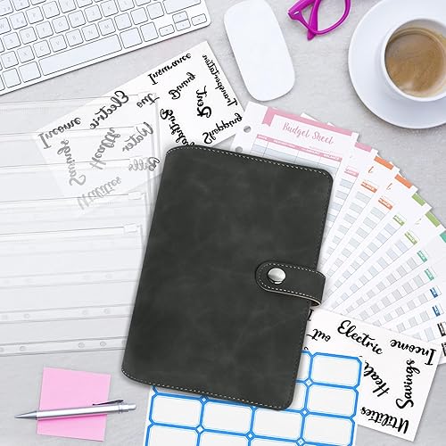 Miniatura 5 de Carpeta A6, cubierta de carpeta de cuaderno de cuero PU suave con 16 bolsillos, 12 hojas de presupuesto, 4 etiquetas adhesivas con letras (negro)