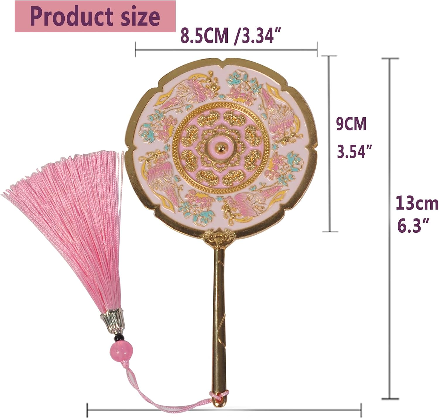 Hand Pink Mirror, Vintage Handheld Mirror with Handle, Chinese Style Floral and Butterfly Elegant Hand Handle Mirrors for Women,Girls,Lipstick (Gold&Pink, 3.4x6.3inch)