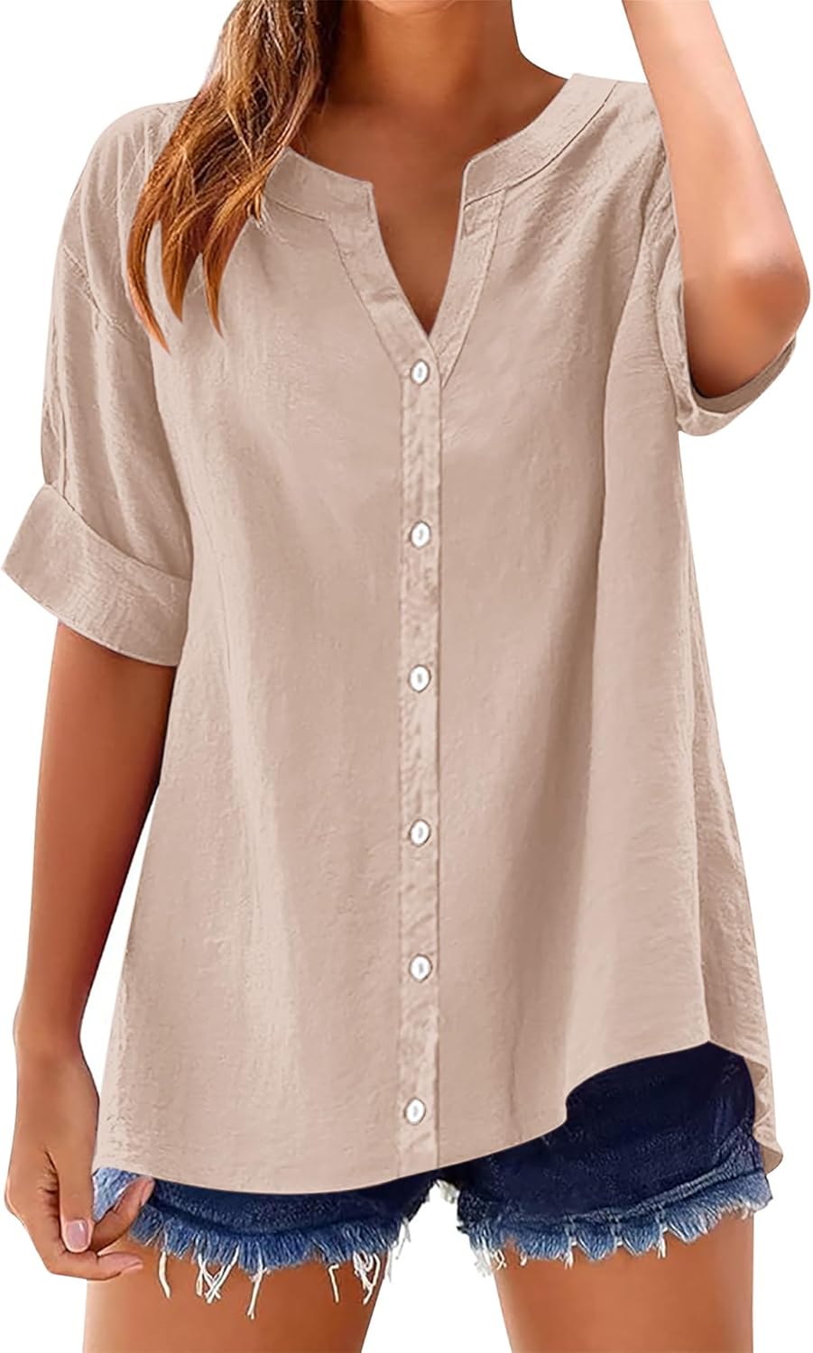 LOMON Womens 3/4 Sleeve Button Down Shirts Cotton Linen Roll Up Short Sleeve Tops V Neck Casual Loose Fit Blouses - Image 2