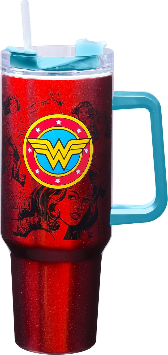 Spoontiques DC Comics Stainless Steel Travel Mug, 40oz - Double Wall Insulation, Sturdy Handle, Sliding Lock Travel Lid - Wonder Woman