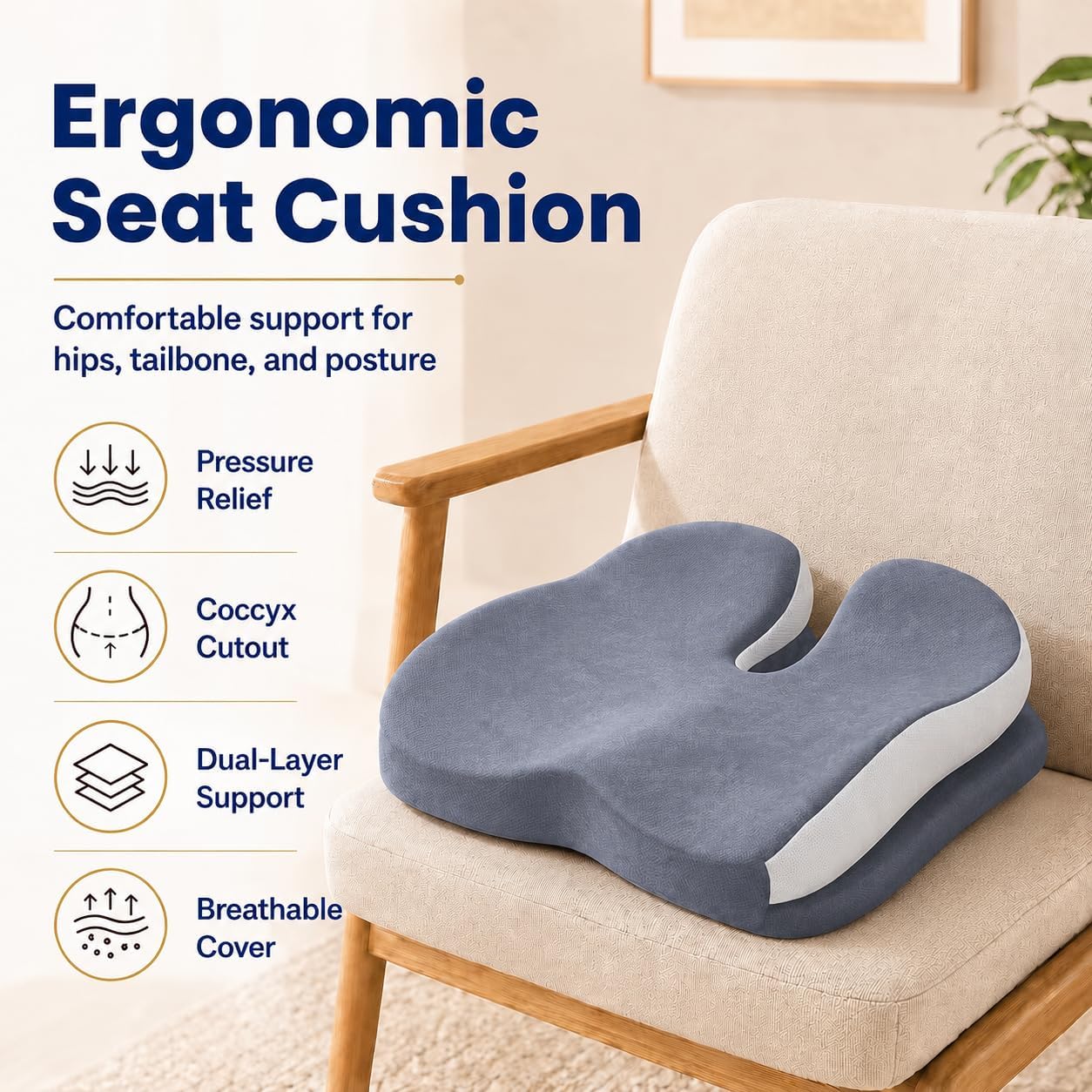Seat Cushions for Office Chairs Wheelchair Cushion for Long Sitting Back Pain，Memory Foam Seat Car Computer Desk Chair Cushion，Coccyx Cushion for Tailbone Pain Relief Cushion Office Chair Butt Pillow thumbnail
