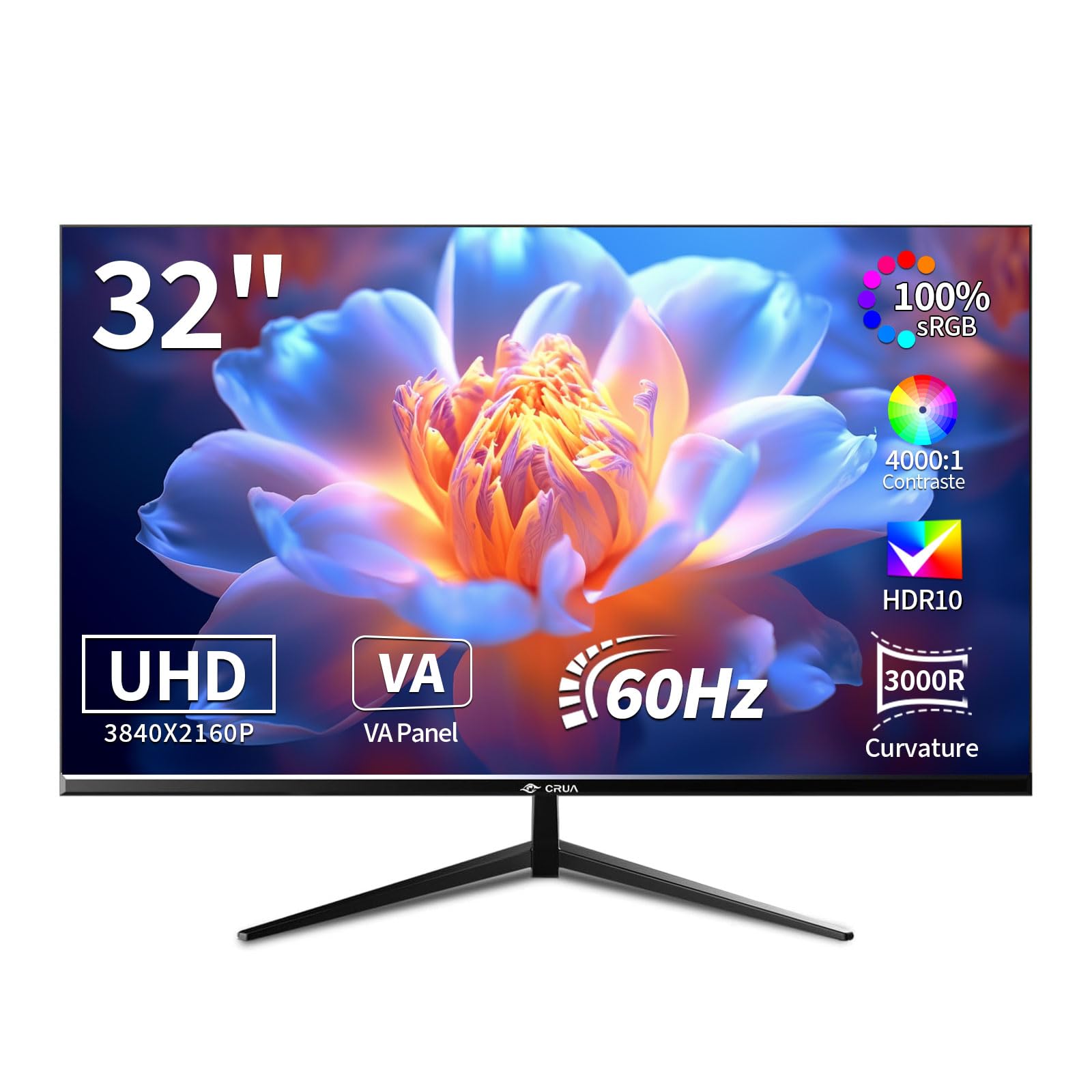 CRUA 32-calowy zakrzywiony monitor do gier 4K - częstotliwość odświeżania 60 Hz, czas reakcji 1 ms, obsługa HDR10, kompatybilny z G-Sync, zakrzywiony panel VA 1500R (81,3 cm), idealny dla GA