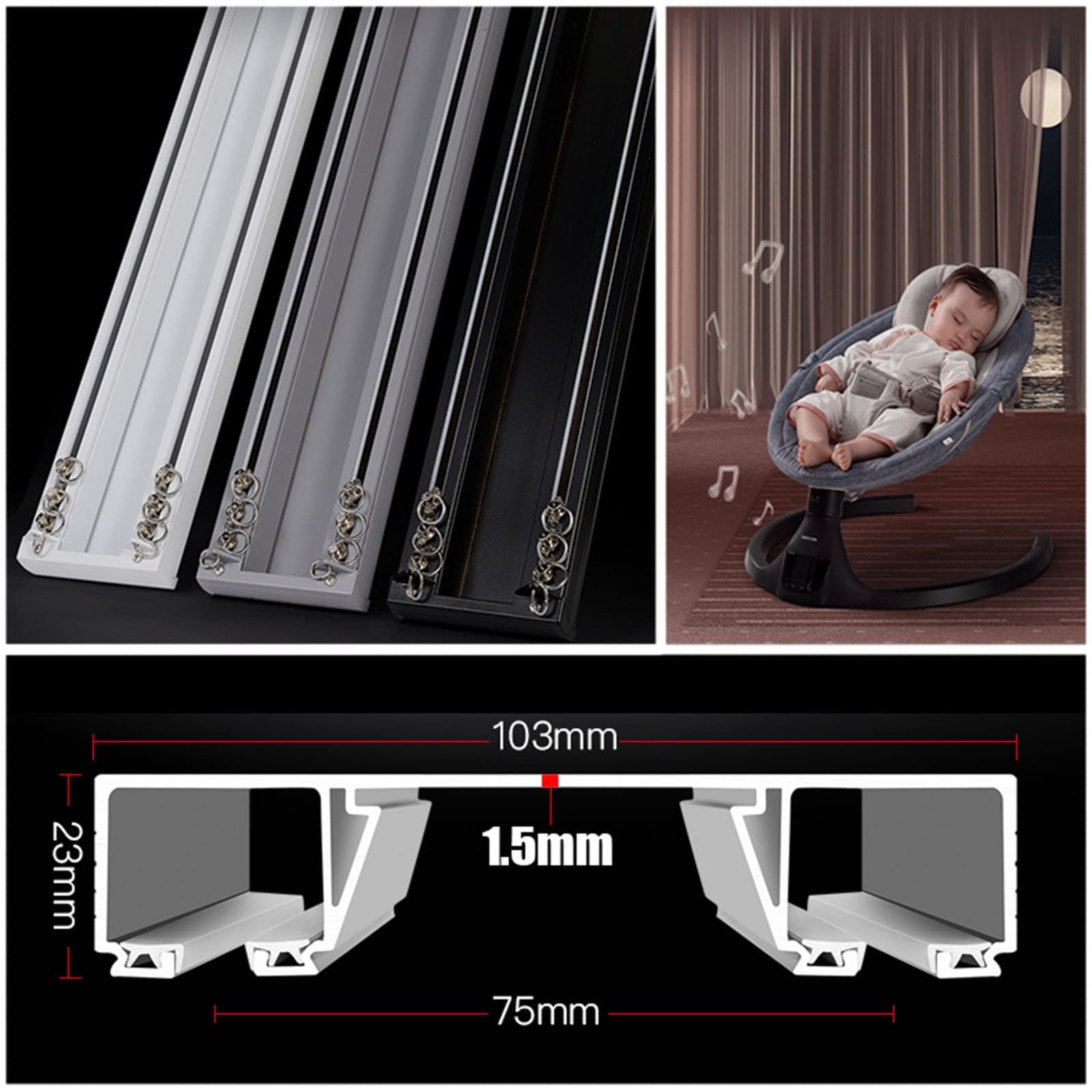 Rail De Rideau De Plafond Avec Bande Muette, Rail De Rideau Silencieux En Aluminium À Double Couche, Pour Une Fenêtre De 1 M À 5 M De Large, Facile À Installer ( Color : Gray , Size : 1.5m/4.9ft )