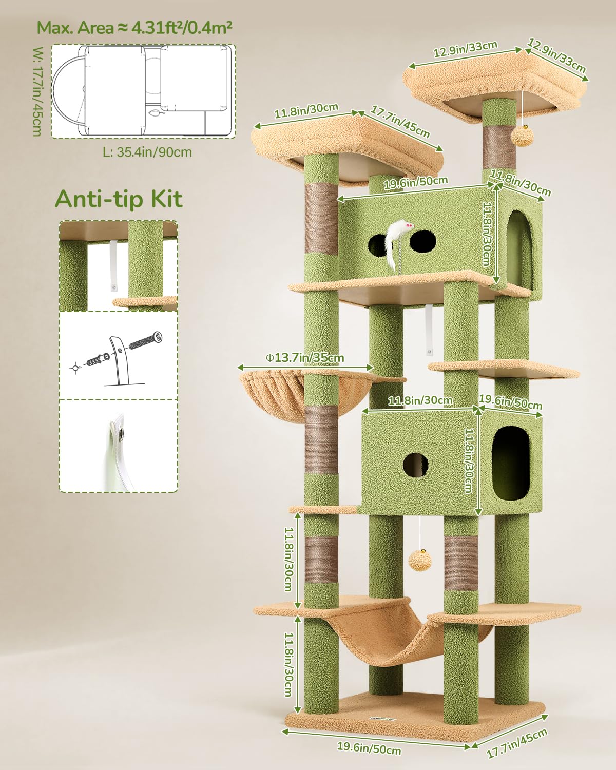 Globlazer Árbol Rascador Cactus Verde para Gatos XXL 204 cm Alto con 2 Grande Nidos 50*30*30CM, 2 Acolchada Plataforma, Hamaca, Cesta, Juguetes, Estable Rascador para 3-5 Gatos Adultos (S80B, Verde)