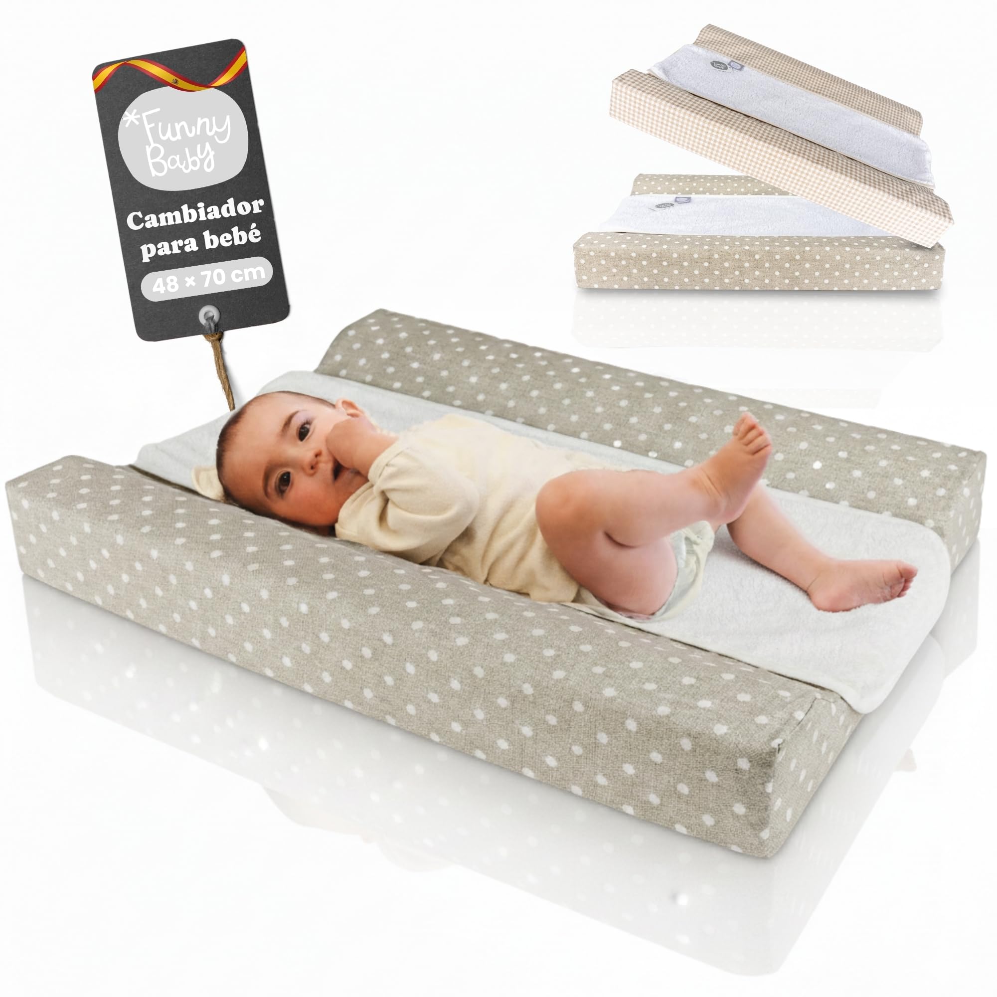 Funny Baby - Juego Colchón Cambiador Bebé 48 x 70 cm + Capa de Baño 80x80 cm | Impermeable, Desenfundable, Ergonómico y Seguro - Incluye una Toalla de Rizo de Algodón | Topos