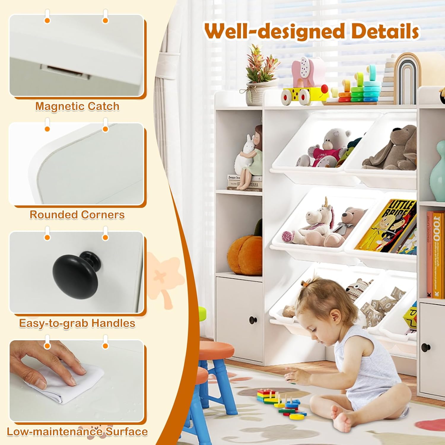 Image showing well-designed details including magnetic catch, rounded corners, easy-grab handles, and low-maintenance surface