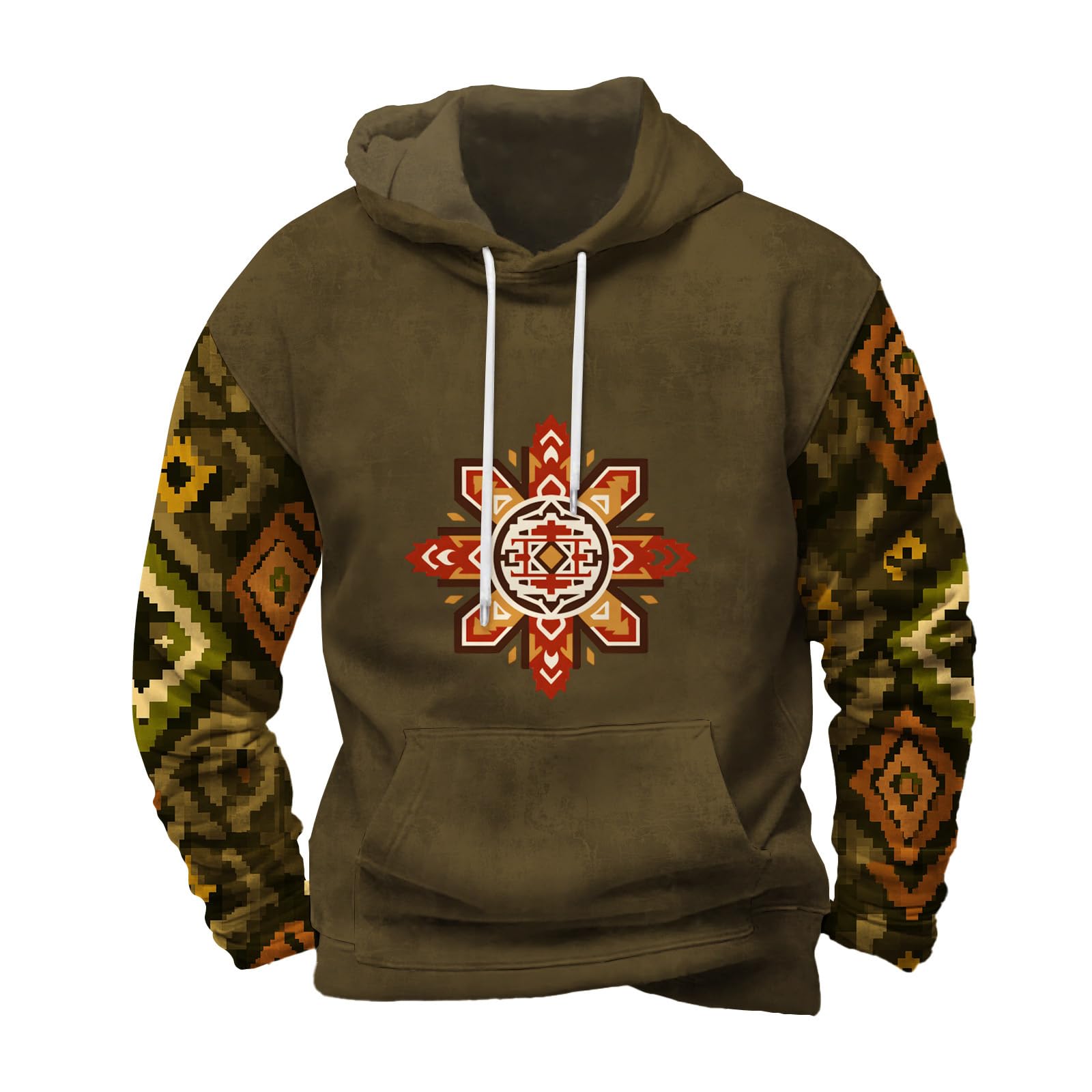 Mens Hooded Sweatshirt Vintage American Element Long Sleeve Fall Hoodie Classic Drawstring Front Pocket Pullover