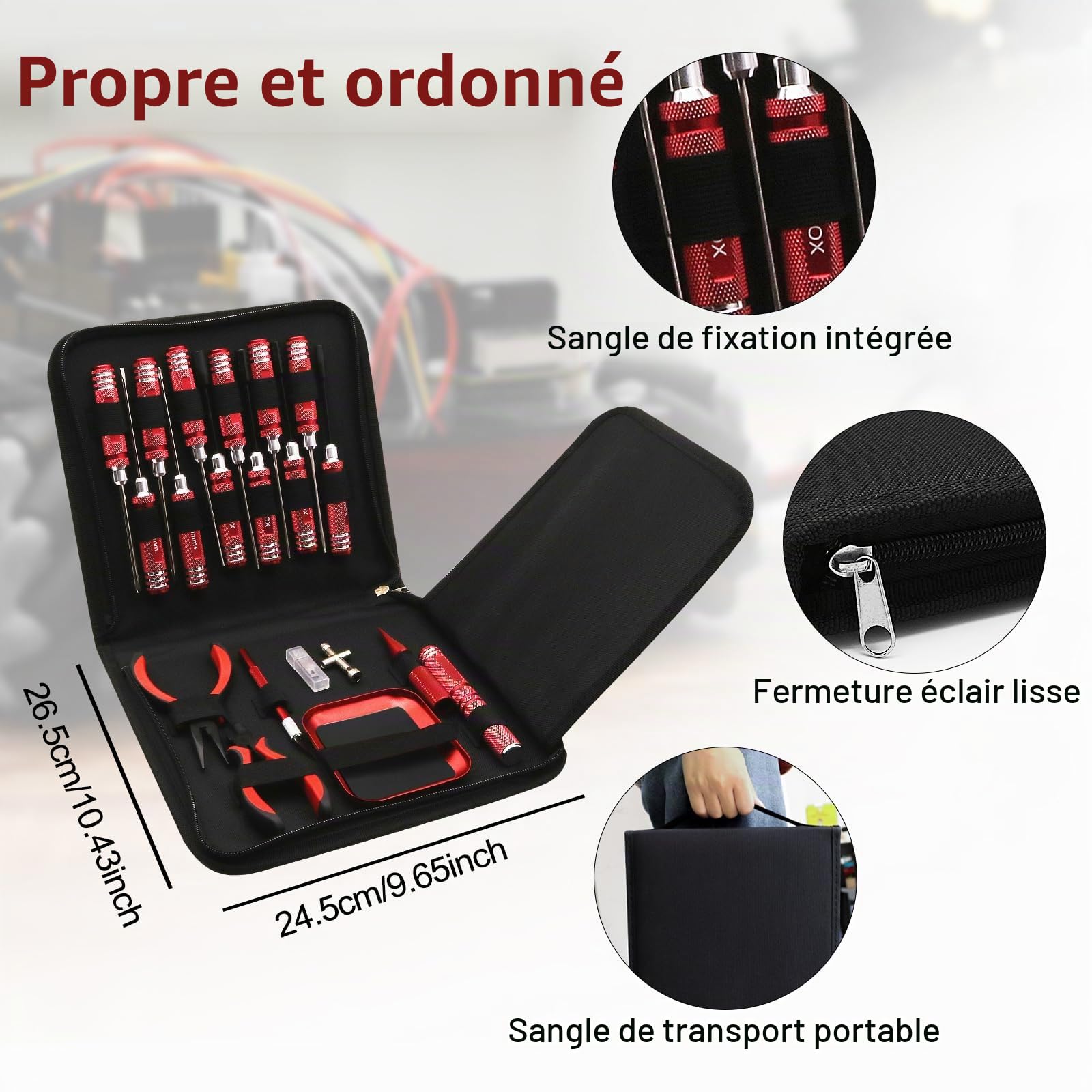 Kit d'outils RC 19 en 1 - Tournevis RC - Écrou Hexagonal Hexagonal - Tournevis cruciforme - Pince RC - Kit de réparation pour 1/8 1/10 Traxxas Axial Arrma DJI - Rouge