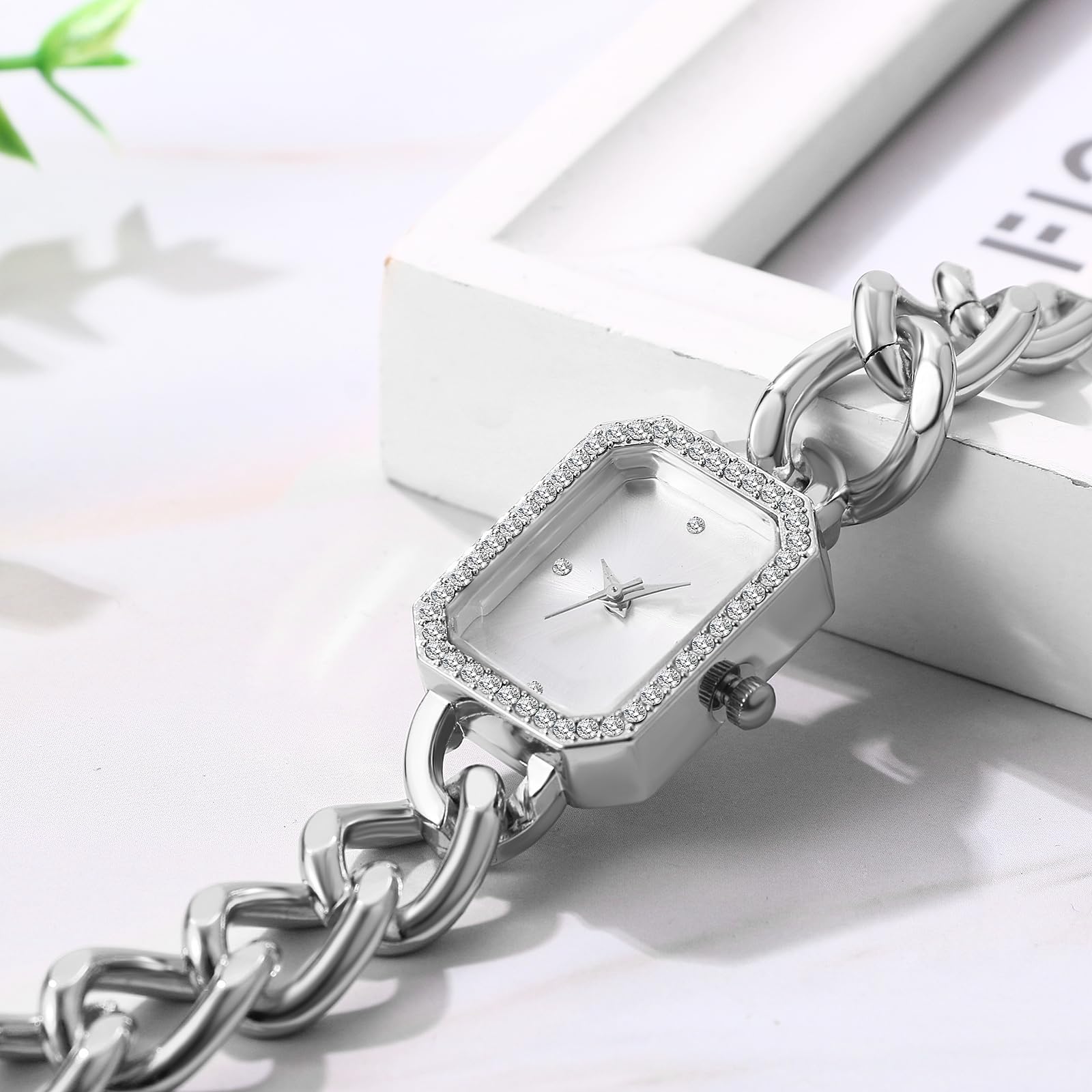 JewelryWe Zegarki damskie, analogowe, kwarcowe, luksusowe, eleganckie, datownik, kalendarz, 30 m, wodoszczelny, stras, prostokątny, ze stali nierdzewnej, biznesowy, z narzędziami do zegarka
