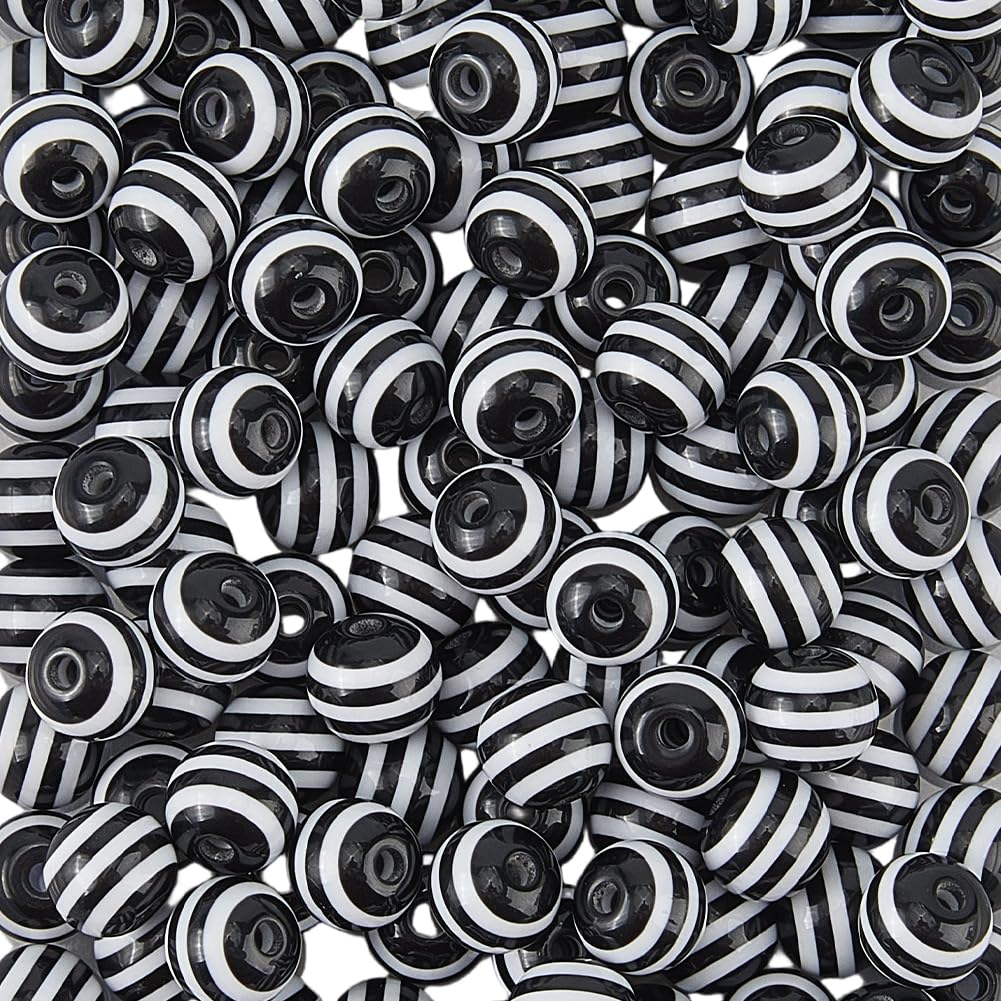 PONABEADIY 1 Box 200PCS 10MM Round Shape Stripe Resin Beads with Center Drilled Xmas Smooth Black White Spacer Loose Striped Bead Charm Bulk for Jewellery Making Necklaces Bracelets Diy Craft Supplies