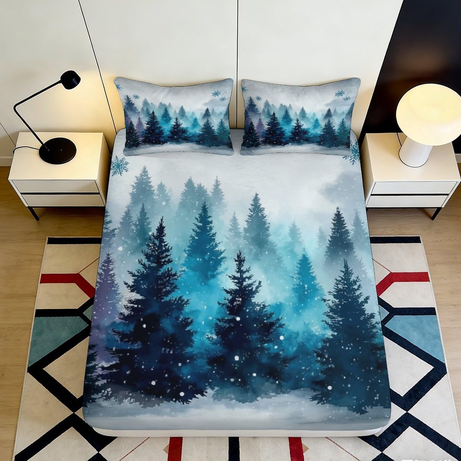 3D Printed Winter Forest Fitted Sheet Microfiber Soft Breathable Snowy Pine Mattress Cover for Bedroom Dormitory Guest Room Protective Decor 140x200x25cm