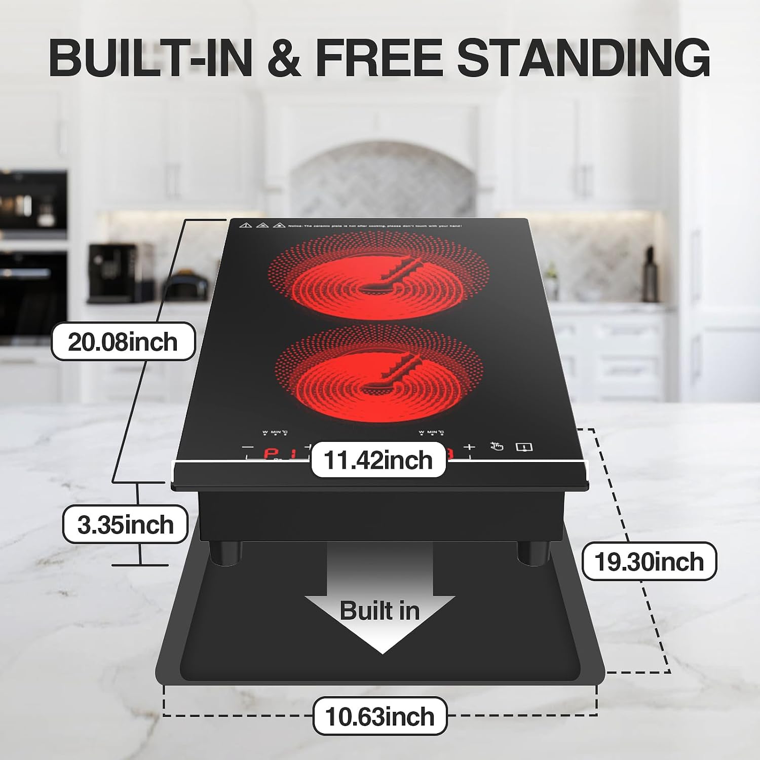 Electric Cooktop 2 Burner, 3000W Electric Stove Top 12" Plug in, 220-240V Burner Countertop and Bulit in,9 Power Levels,Suitable for All Pans,Infrared Burner