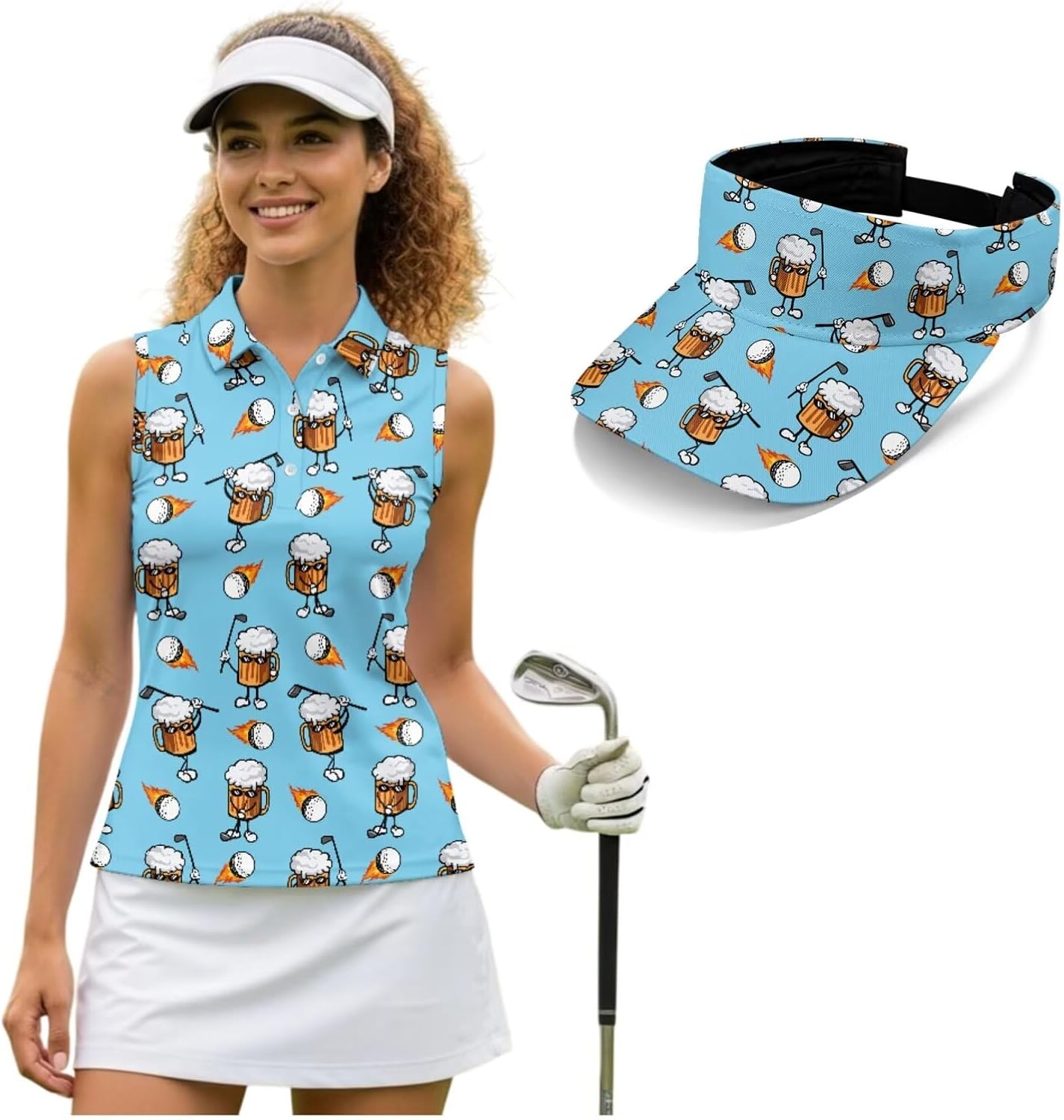Biyejit Women's Sleeveless Golf Tennis Polo Shirts and Sun Visor Set Button Collard Workout Tank Top Athletic Shirt Quick Dry