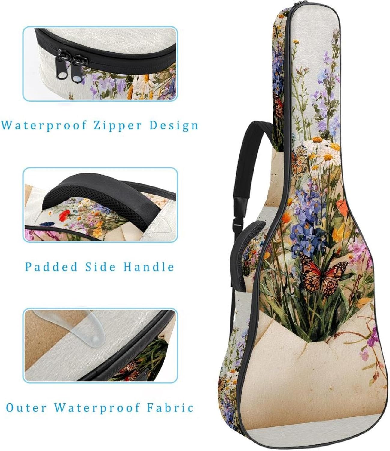 Acoustic Guitar Gig Bag 10mm Thick Padding, Soft Waterproof Guitar Case with Adjustable Backpack Straps for 40-42 Inch Guitar, Flowers and Butterflies in Vintage Envelope