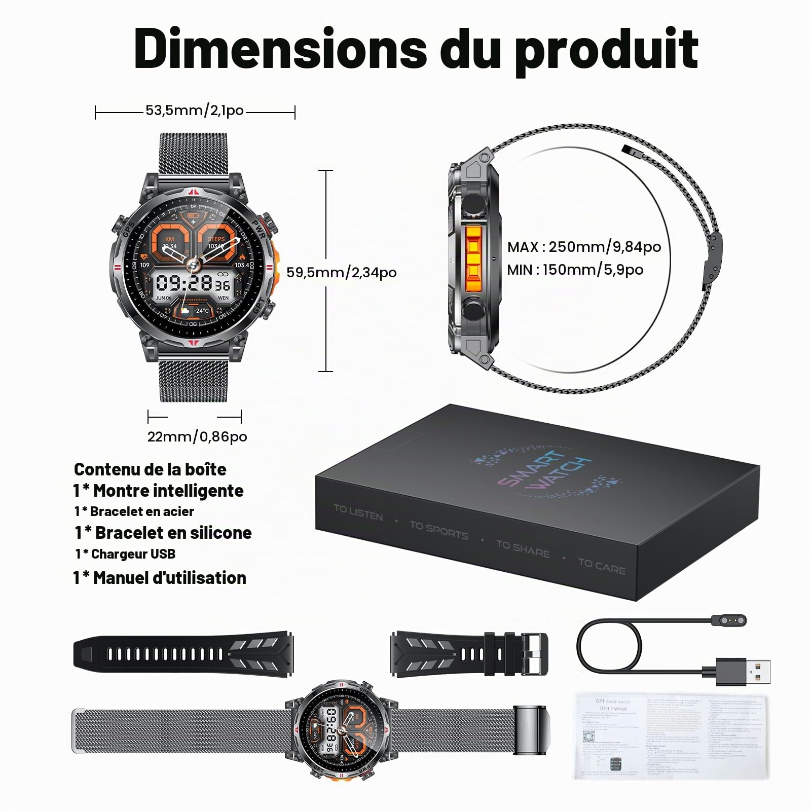 Montre Connectée Homme GPS Smartwatch - Boussole Assistant GPT AI Baromètre Altimètre Appel Bluetooth Cadran AI 650mAh Batterie 3ATM Étanche 1.70" AMOELD 120+ Modes Sportifs Santé pour Android iOS