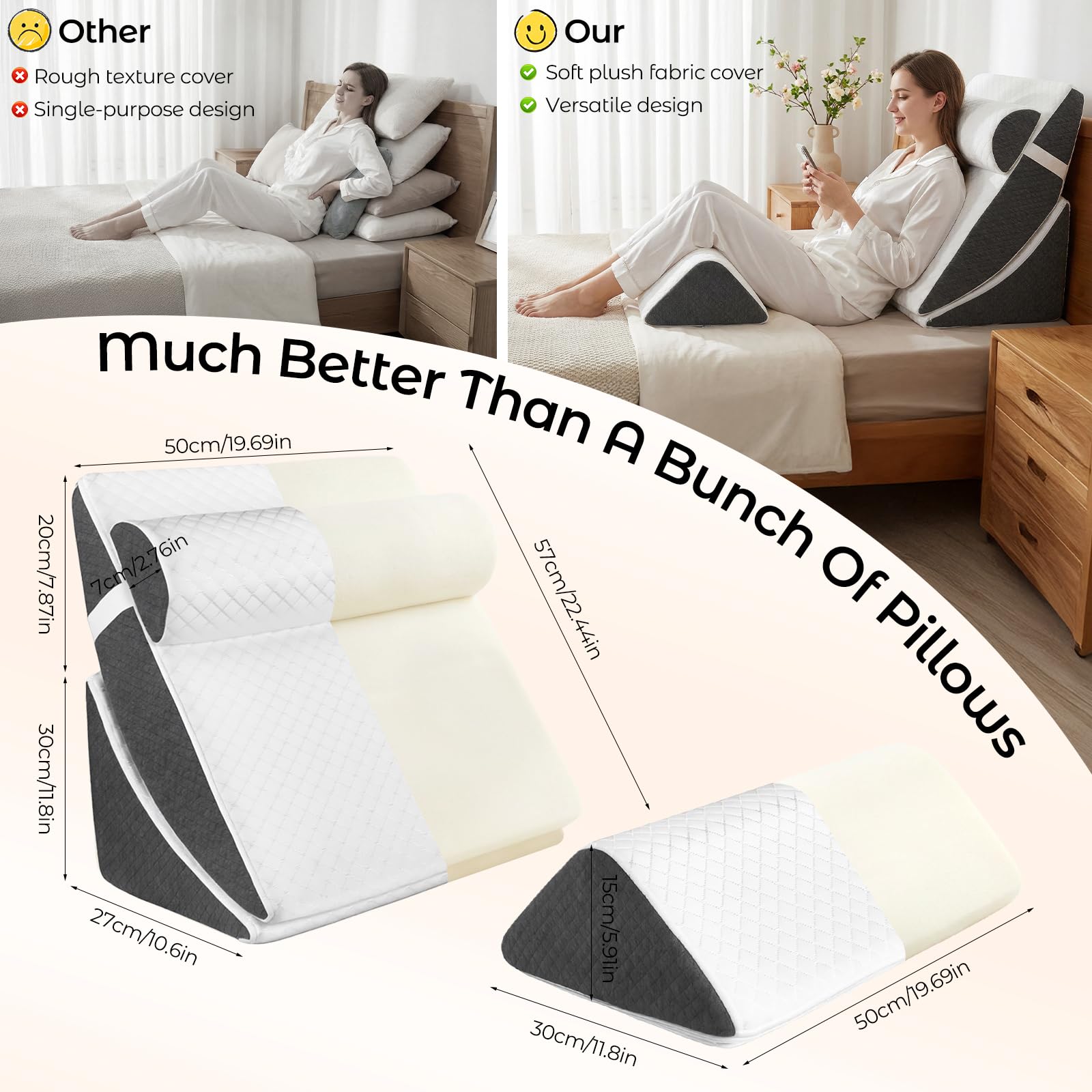 Set di 4 cuscini ortopedici a cuneo, 4 in 1, regolabili, in memory foam, cuscino triangolare regolabile per gambe in caso di apnea notturna e bruciore di stomaco, con rivestimento rimovibile e