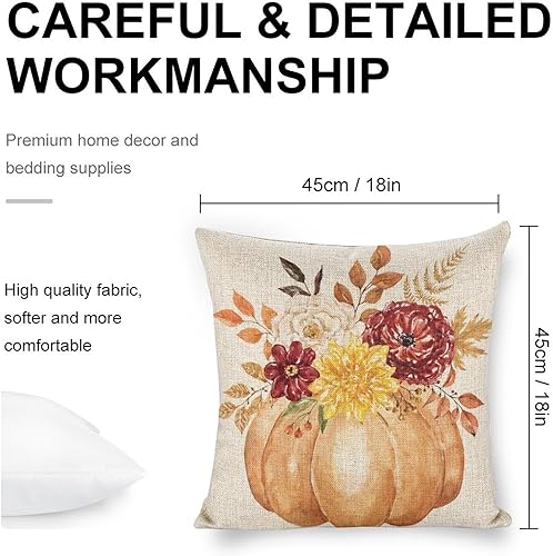Miniatura 5 de Juego de 2 fundas de almohada de calabaza naranja otoñal de 18 x 18 pulgadas, juego de 2 fundas de almohada cuadradas decorativas de lino con flores