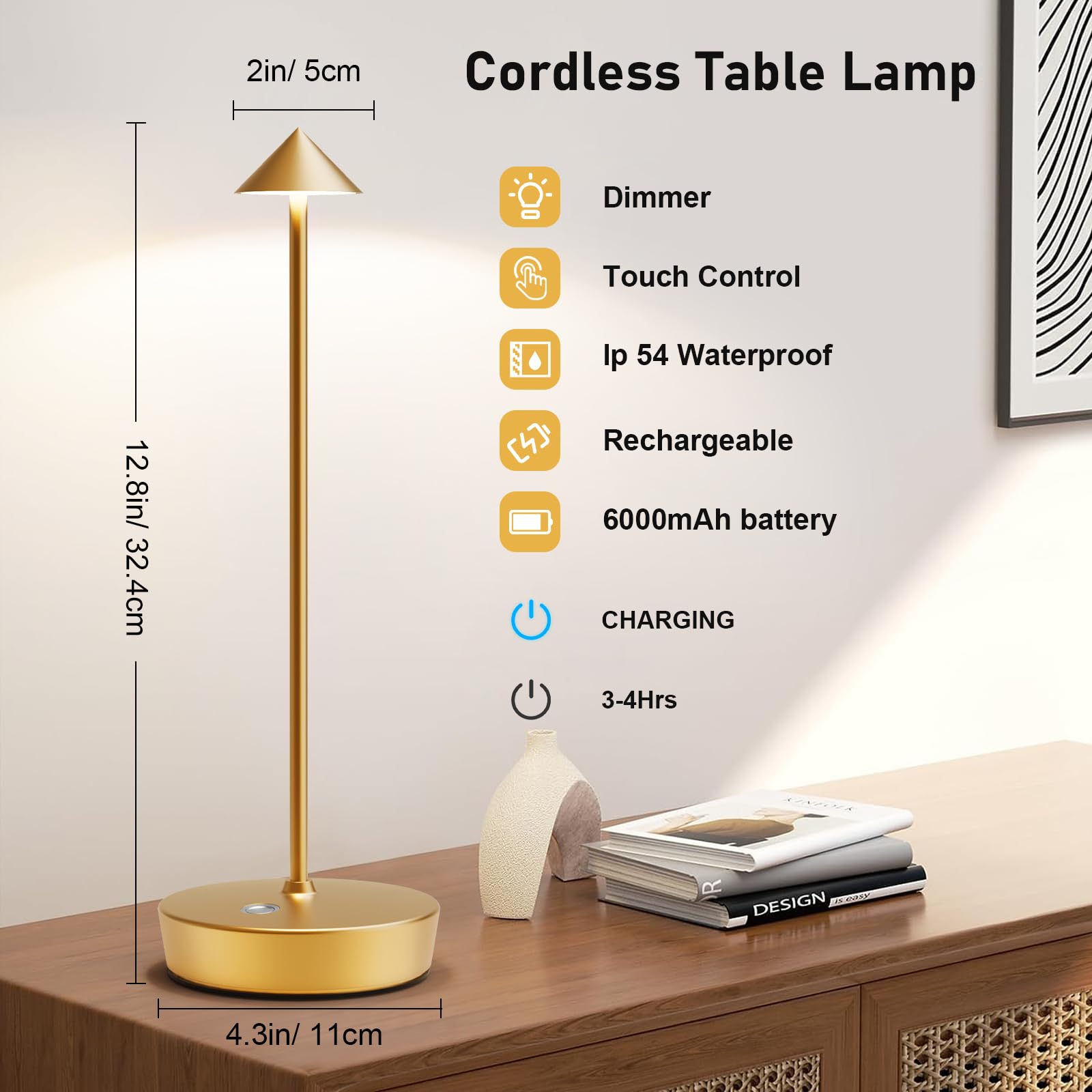 Lampada tavolo senza fili LED ricaricabile USB touch TAP Antracite 12x32 cm