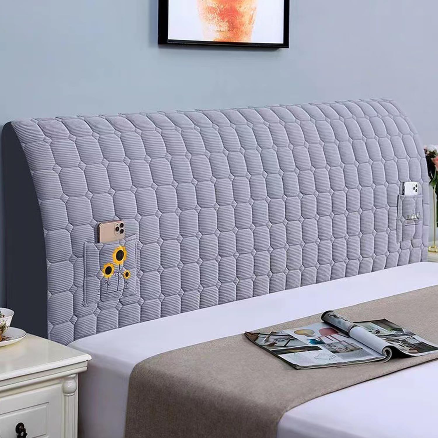 Velvet Bed Headboard Cover Queen King Size Soft Thicken Headboard Slipcover Full with Pocket Bed Headboard Cover Dustproof Protector Cover for Bedhome Decor Washable,Blue,180cm(King)