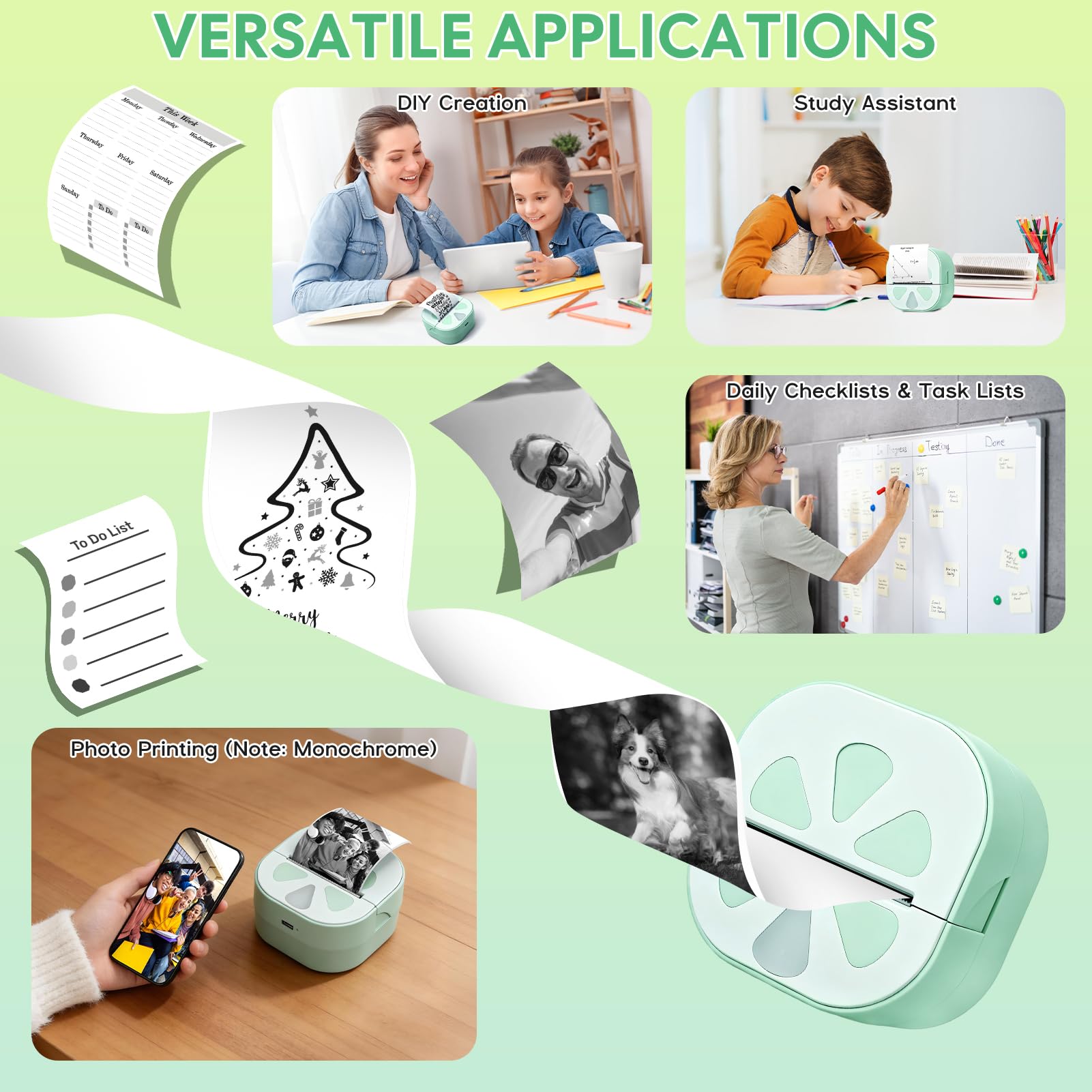 Mini Imprimante Thermique, Imprimante Photo Portable Sans Fil et Sans Encre Bluetooth,Compatible avec iOS/Android Mini Imprimante Autocollant avec 3 Rouleaux d'étiquettes pour étude Reçus Mémos