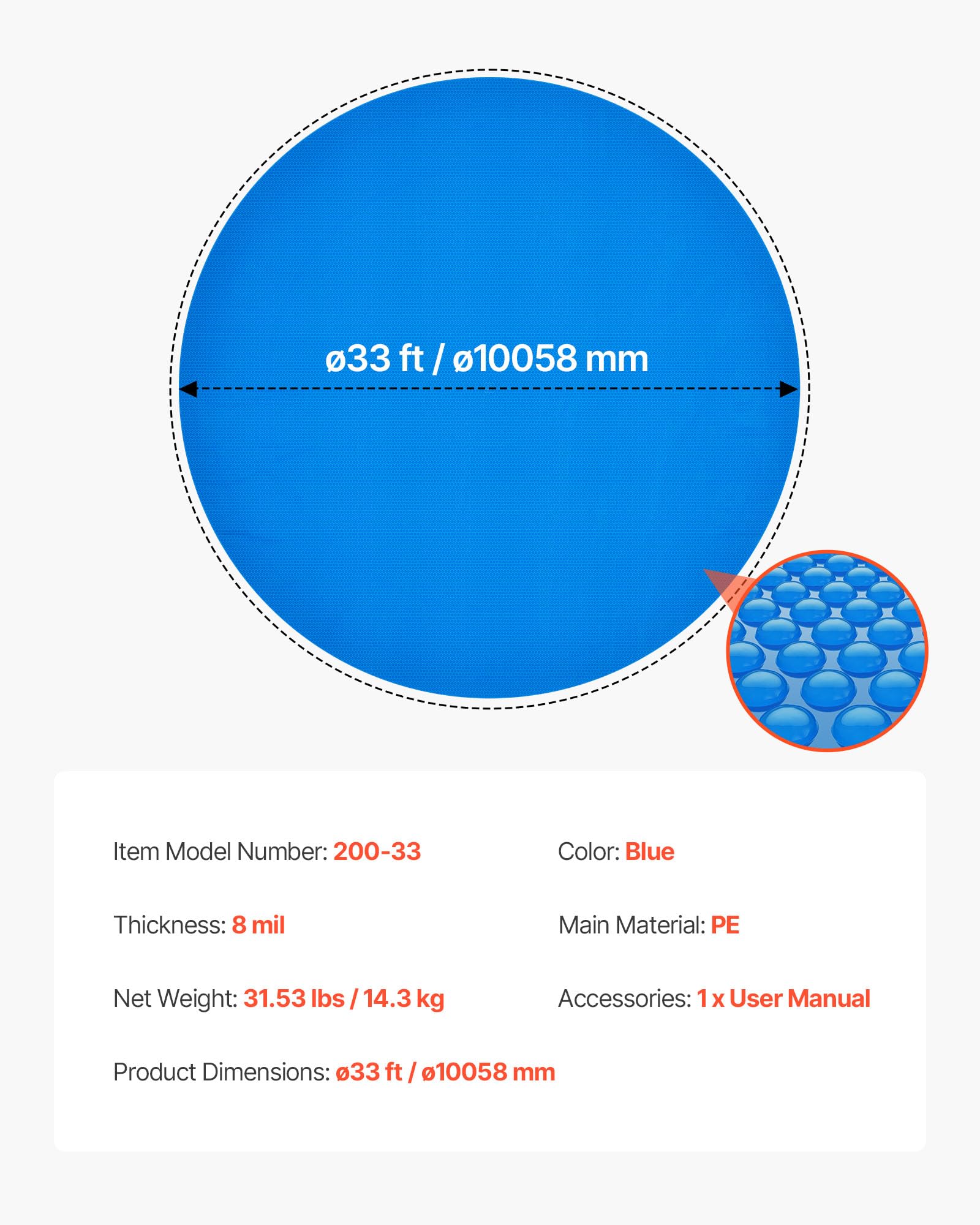 VEVOR Bâche Solaire Piscine Ronde 10 m Couverture Solaire Piscine 0,2 mm Bâche à Bulles en Polyéthylène PE pour Piscines Hors Sol Creusées, Absorption de Chaleur Jour et Rétention Chaleur Nuit, Bleu