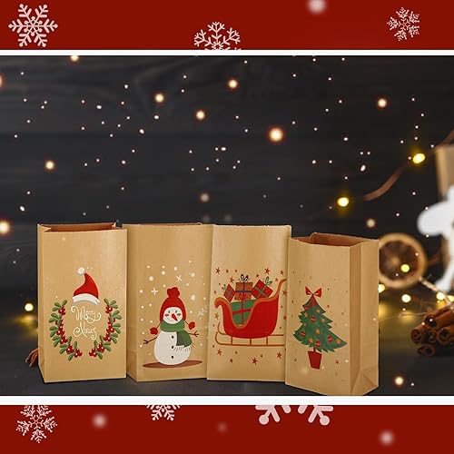 Miniatura 5 de Ireer 100 bolsas de regalo de Navidad de 9.4 x 5.1 x 3.1 pulgadas, bolsas de papel kraft de Navidad, bolsas de regalo de Navidad para vacaciones,