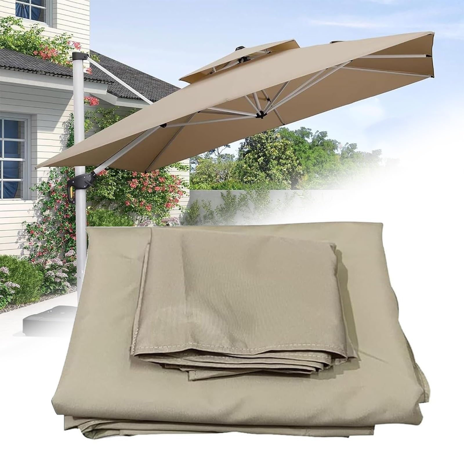 8 Ribs Outdoor Umbrella Canopy Replacement Square 3x3M 2.5x2.5M Patio Hanging Offset Cantilever Parasol Umbrella Cover Canopy, Waterproof, For Backyard Garden Beach Sun Shade Top Canopy(Light-Khaki,2.
