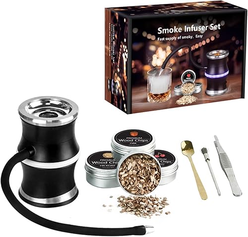 Kit de ahumador de cóctel de whisky, chips de madera de 4 sabores, 3 niveles de salida de humo, fumadores a la antigua, juego de ahumar bebida de