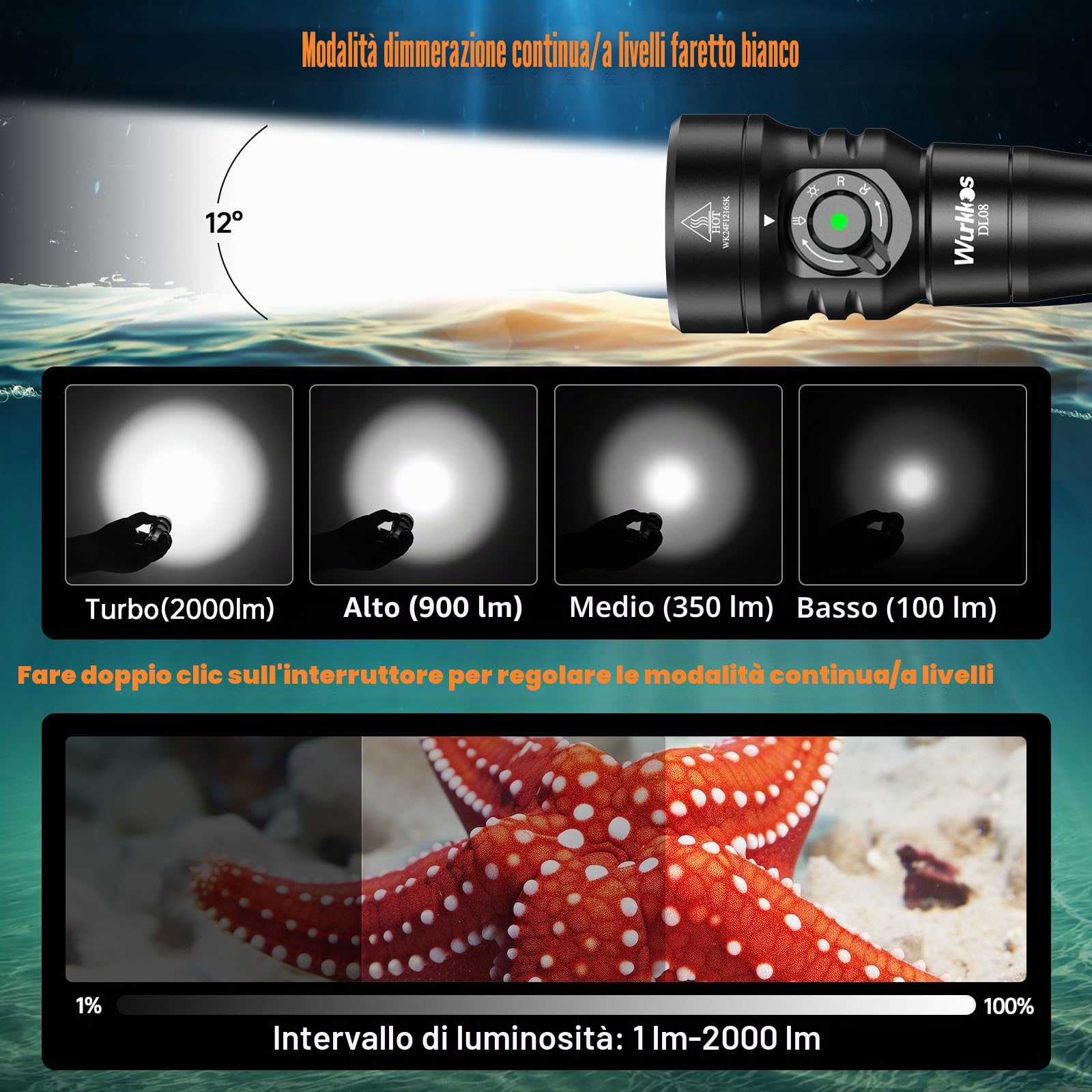 Wurkkos DL08 - Lampada subacquea 3600 lumen, portata 274 metri, luce rossa e UV, dimmerabile, modalità spot e inondazione, ricaricabile tipo C, IPX8 CRI 90