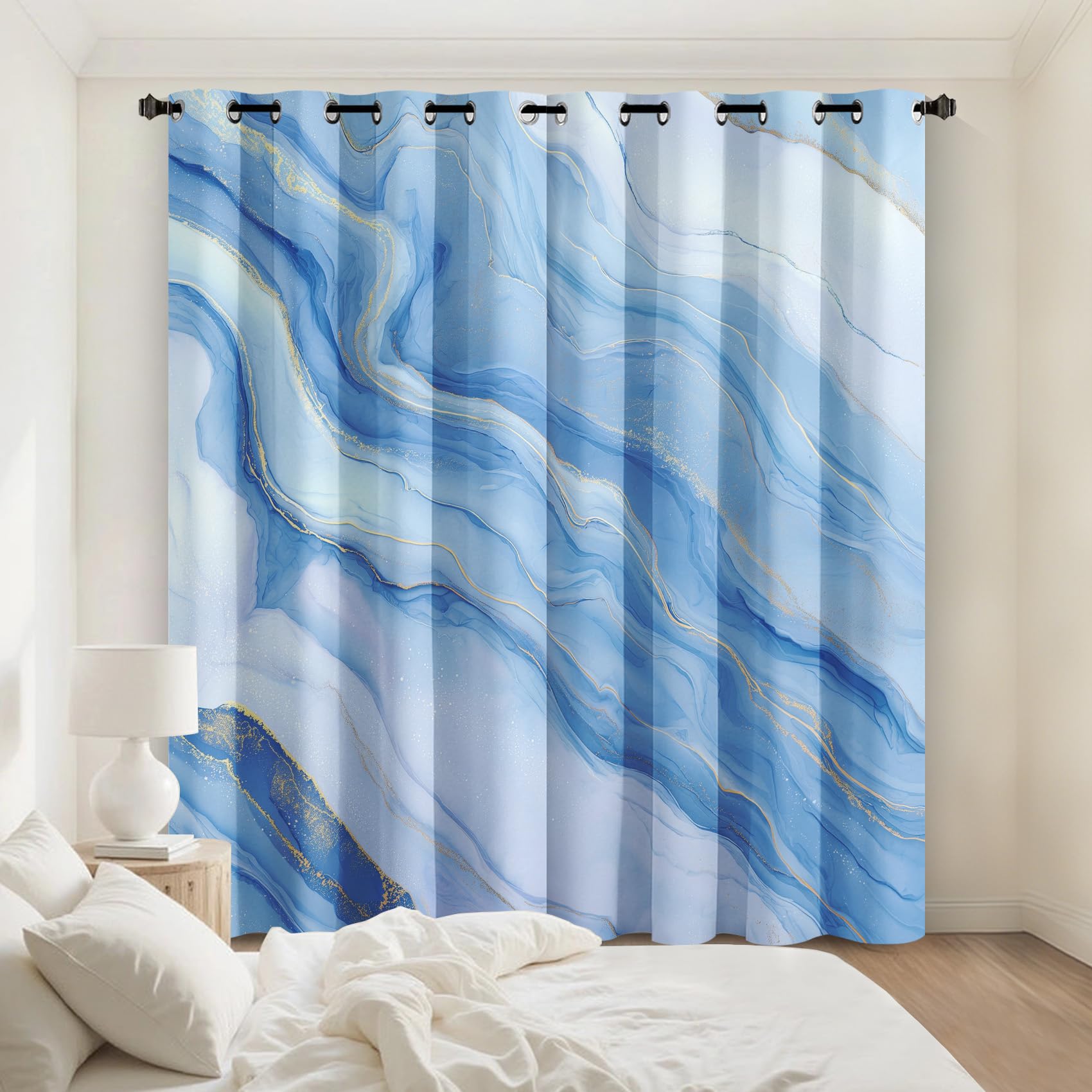 Rideau occultant marbre bleu aux finitions soignées | Draperies de salon raffinées